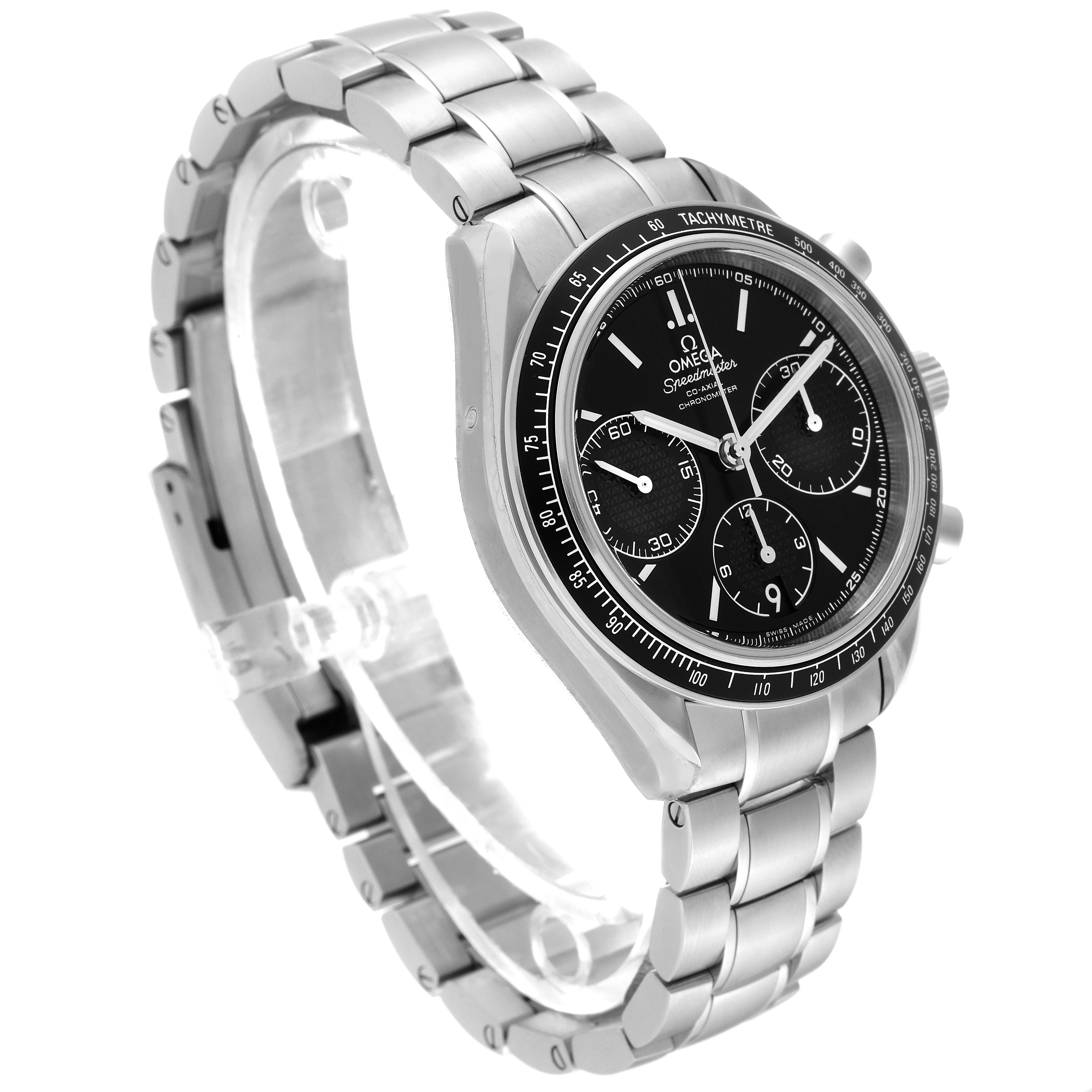 The Omega Speedmaster 326.30.40.50.01.001 Men
s Stainless Steel Black Dial 326.30.40.50.01.001 Men
s Stainless Steel Black Dial watch is shown at a three-quarter angle, highlighting its black dial, stainless steel case, and bracelet.