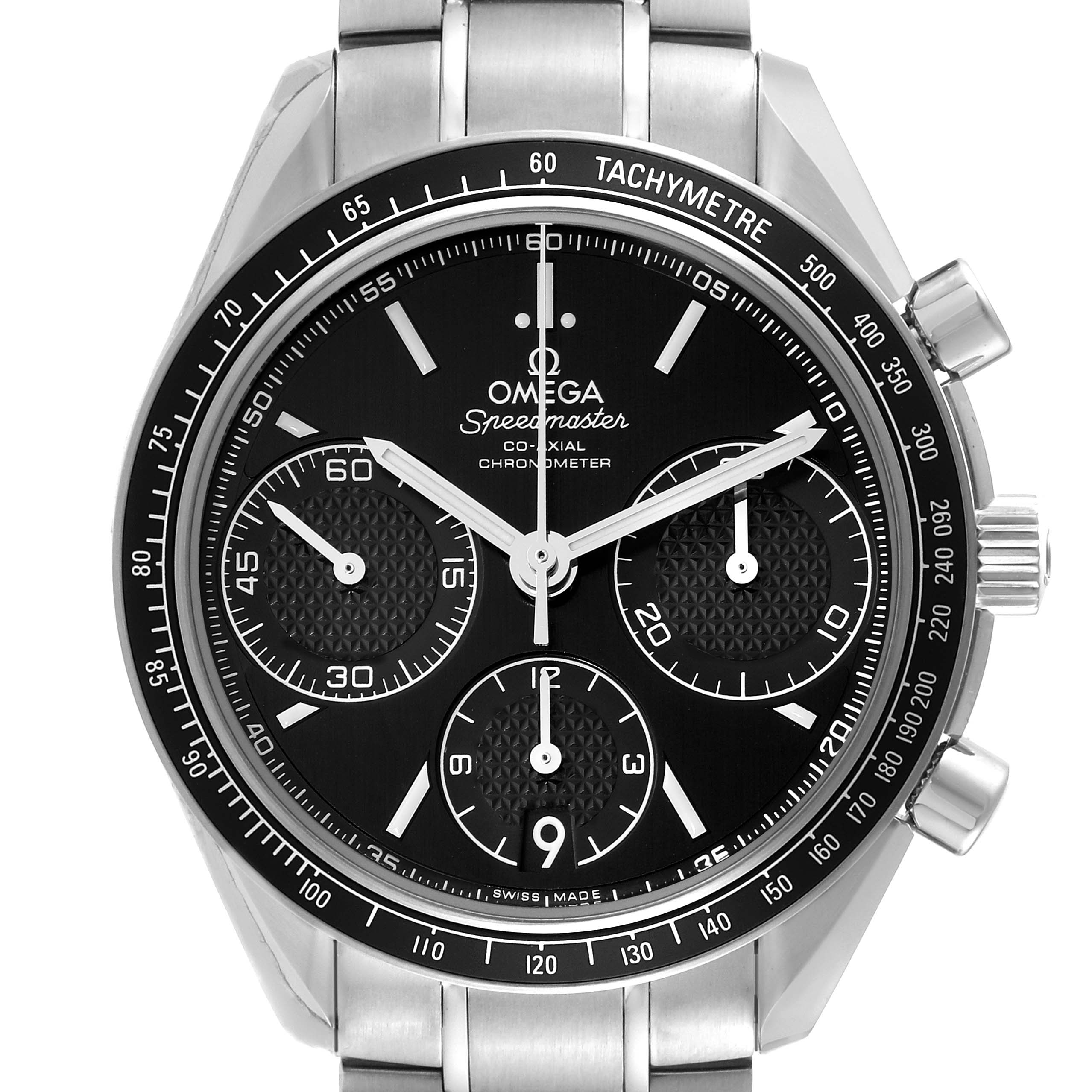 The image shows a front view of an Omega Speedmaster 326.30.40.50.01.001 Men
s Stainless Steel Black Dial 326.30.40.50.01.001 Men
s Stainless Steel Black Dial watch, highlighting the dial, sub-dials, bezel, and stainless steel bracelet.