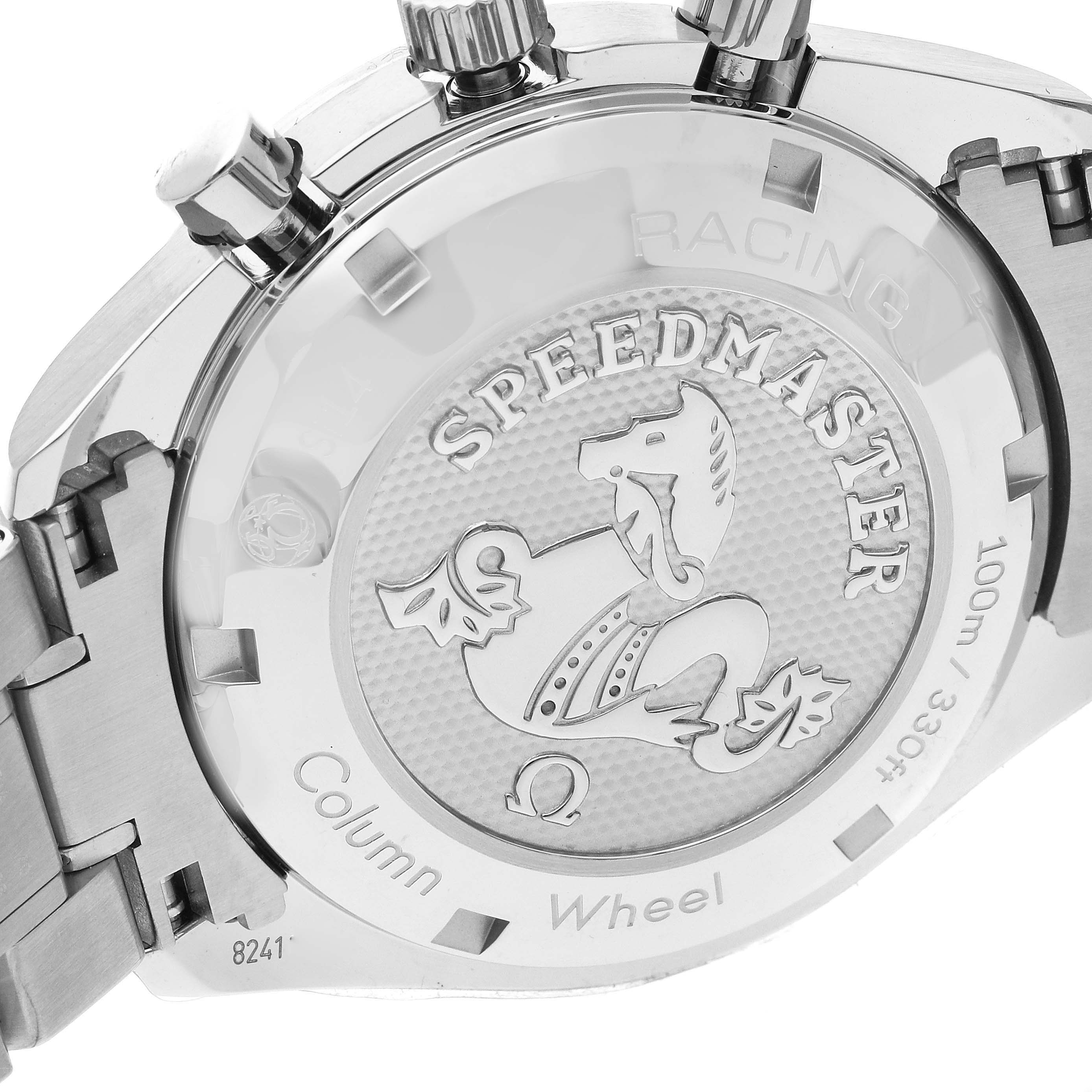 The image shows the back case of the Omega Speedmaster 326.30.40.50.01.001 Men
s Stainless Steel Black Dial 326.30.40.50.01.001 Men
s Stainless Steel Black Dial watch, highlighting the engravings and metal bracelet.