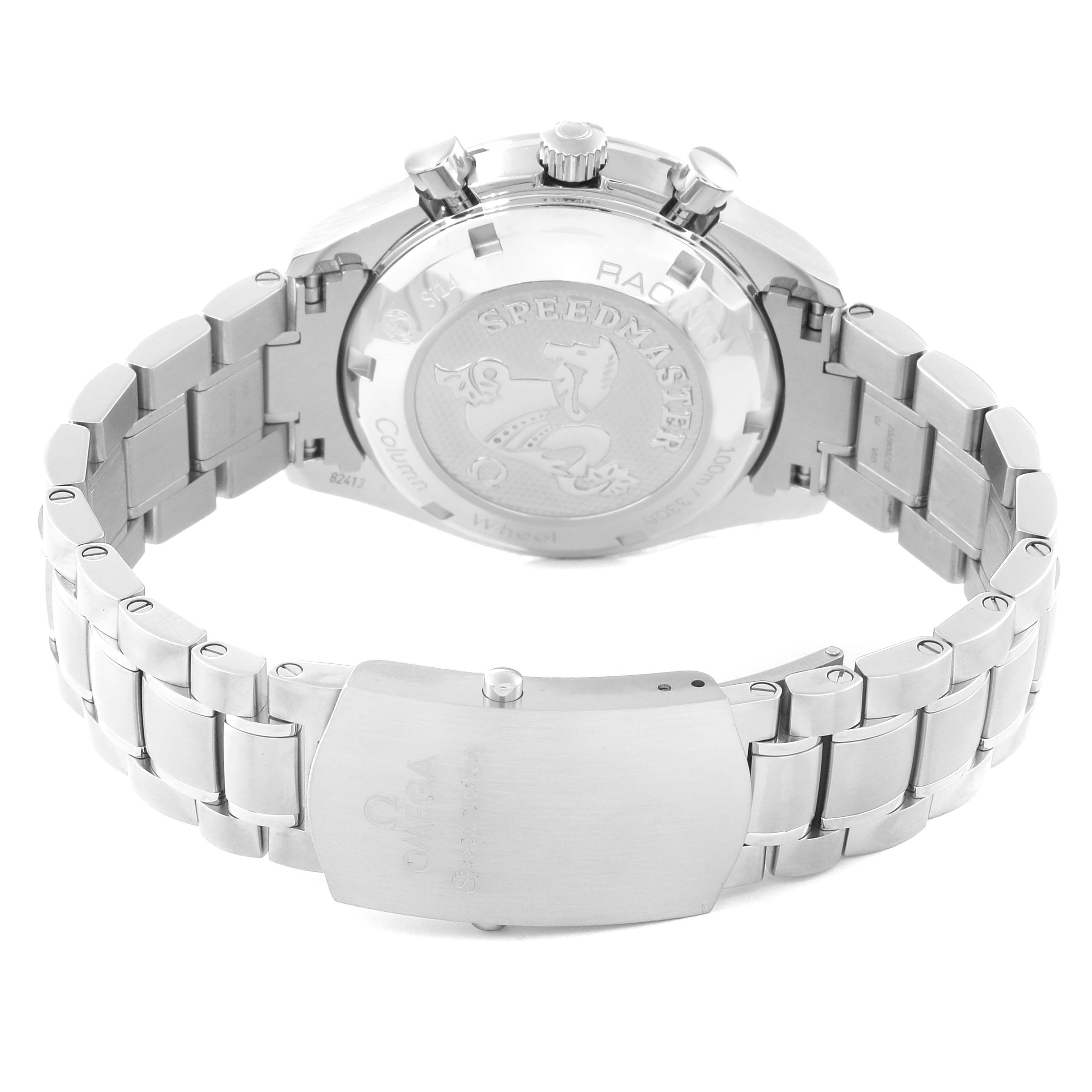 The Omega Speedmaster 326.30.40.50.01.001 Men
s Stainless Steel Black Dial 326.30.40.50.01.001 Men
s Stainless Steel Black Dial watch is shown from the back, displaying its case back and stainless steel bracelet.