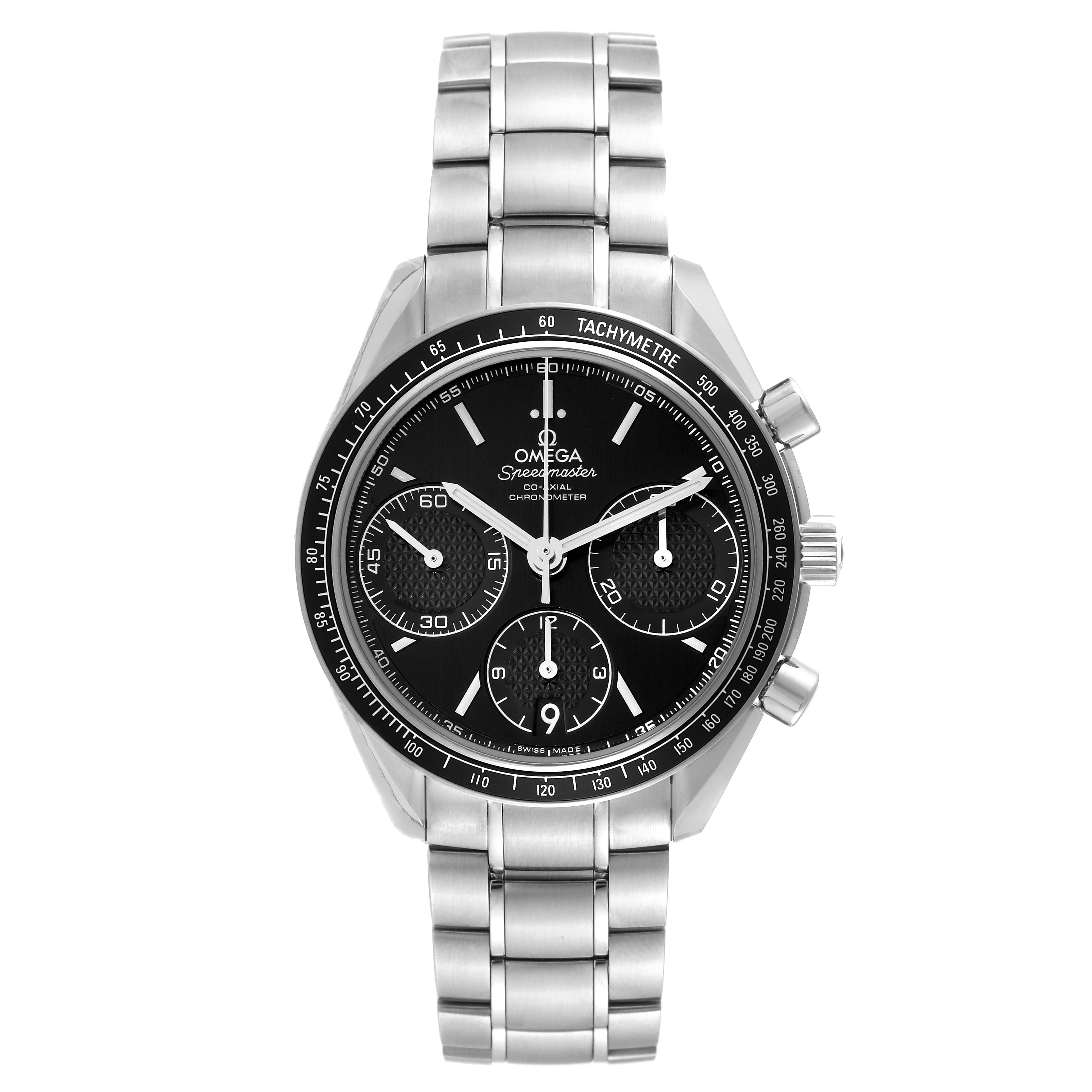 The image shows a front view of an Omega Speedmaster 326.30.40.50.01.001 Men
s Stainless Steel Black Dial 326.30.40.50.01.001 Men
s Stainless Steel Black Dial watch, highlighting its face, bezel, and stainless steel bracelet.