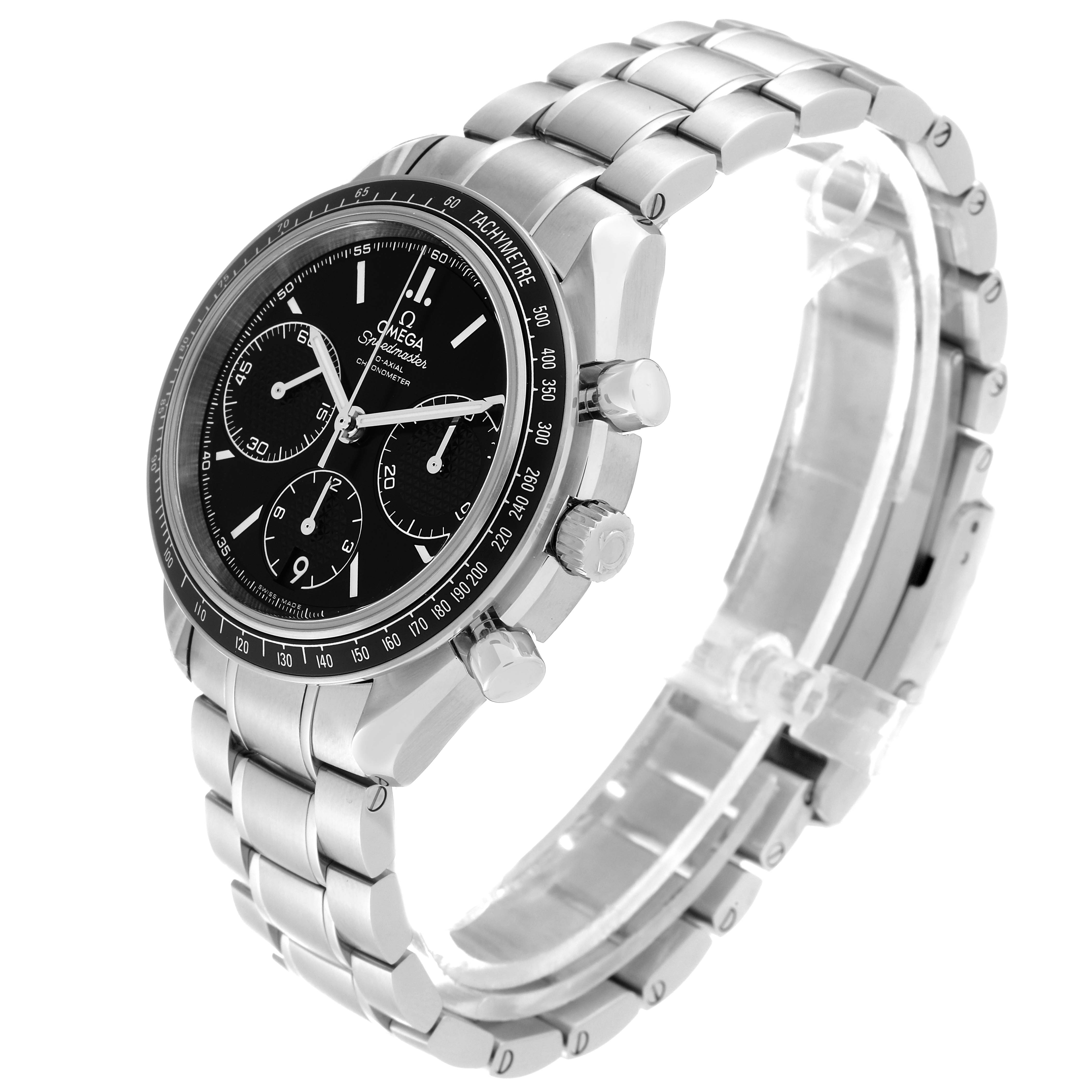 This image shows a side angle of the Omega Speedmaster 326.30.40.50.01.001 Men
s Stainless Steel Black Dial 326.30.40.50.01.001 Men
s Stainless Steel Black Dial watch, highlighting its black dial, subdials, and stainless steel bracelet.