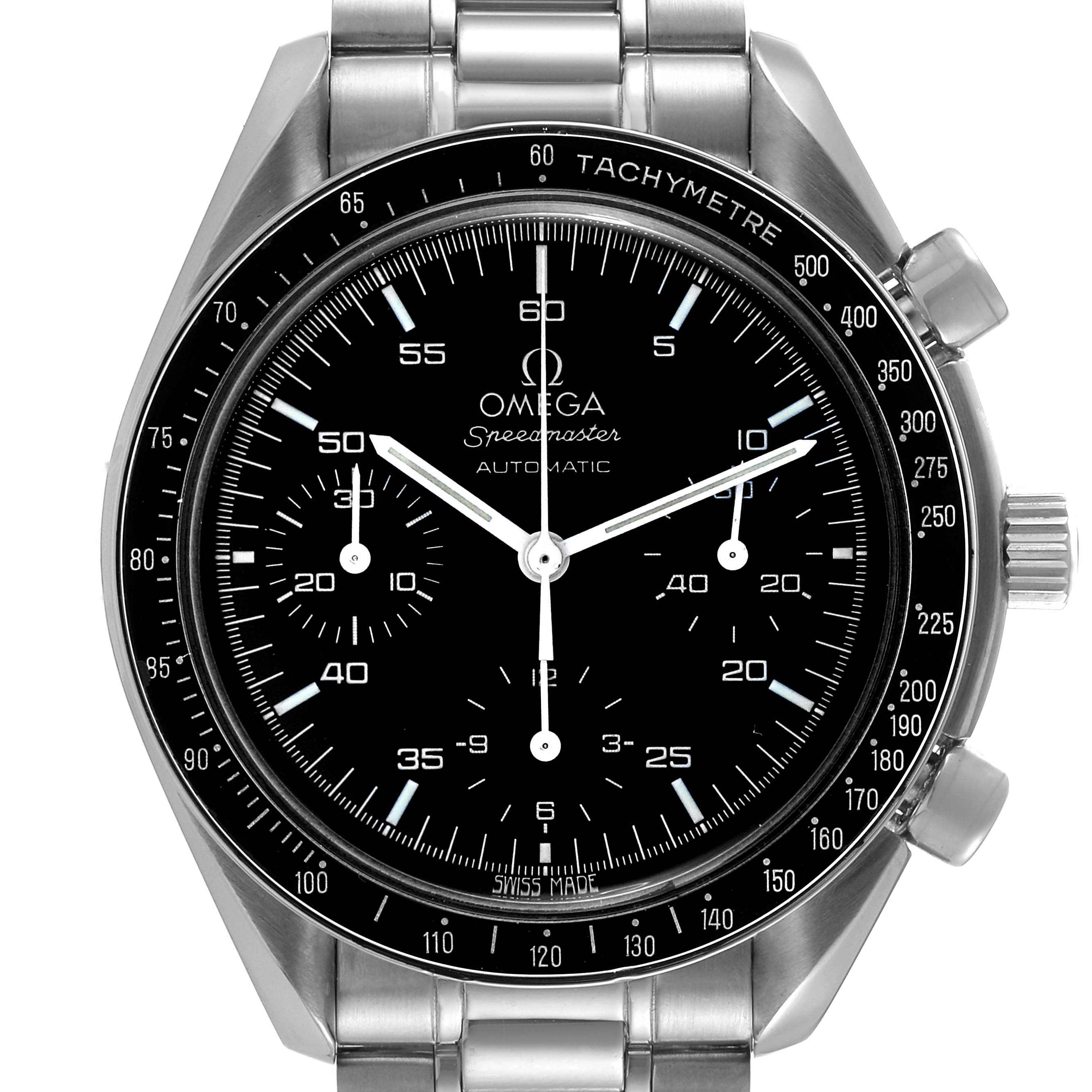 The image shows a frontal view of an Omega Speedmaster 3510.50.00 Men's Stainless Steel Black Dial 3510.50.00 Men's Stainless Steel Black Dial watch, displaying its face, bezel, and part of the bracelet.
