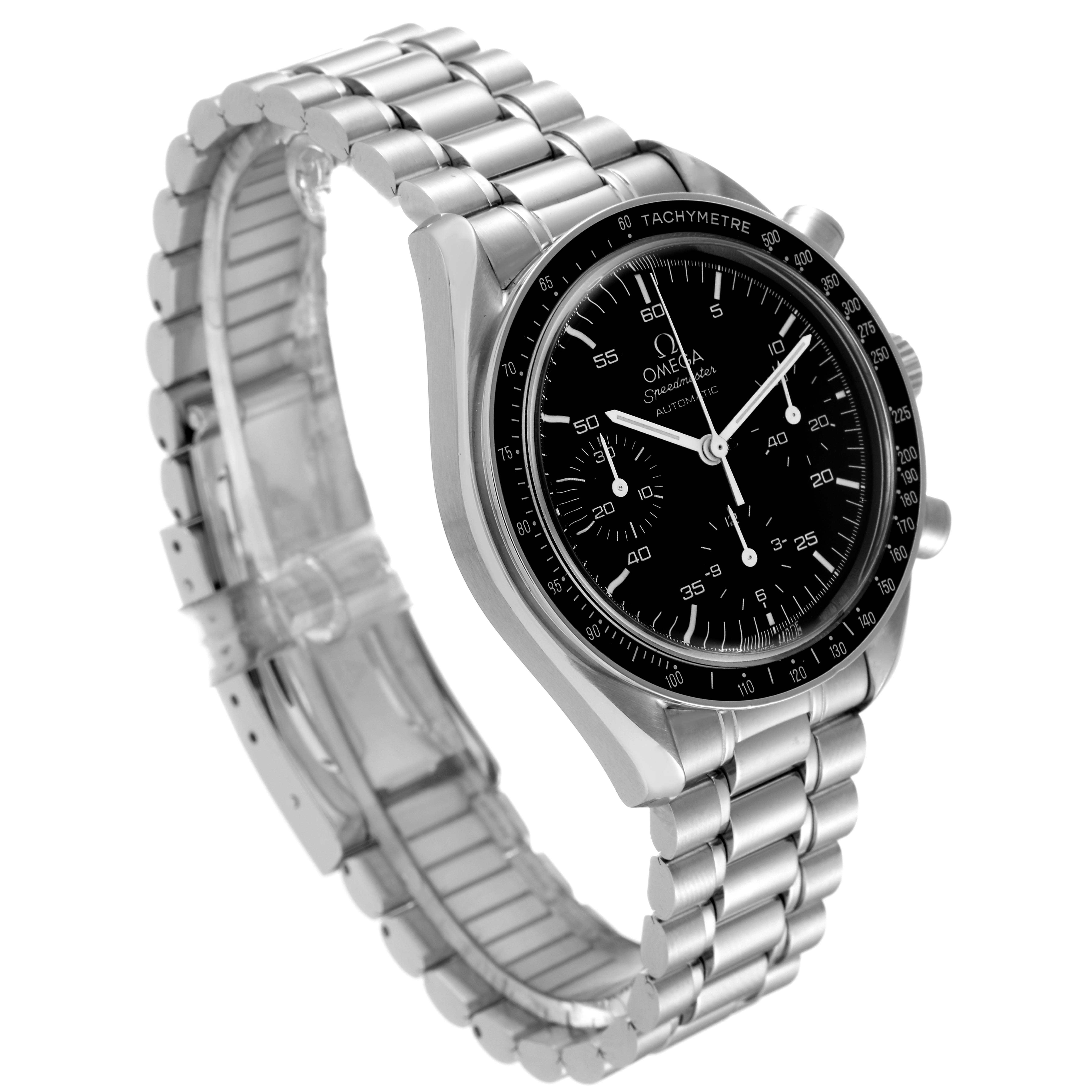 The image shows an Omega Speedmaster 3510.50.00 Men's Stainless Steel Black Dial 3510.50.00 Men's Stainless Steel Black Dial model watch at an angle, highlighting its face, bezel, and stainless steel bracelet.
