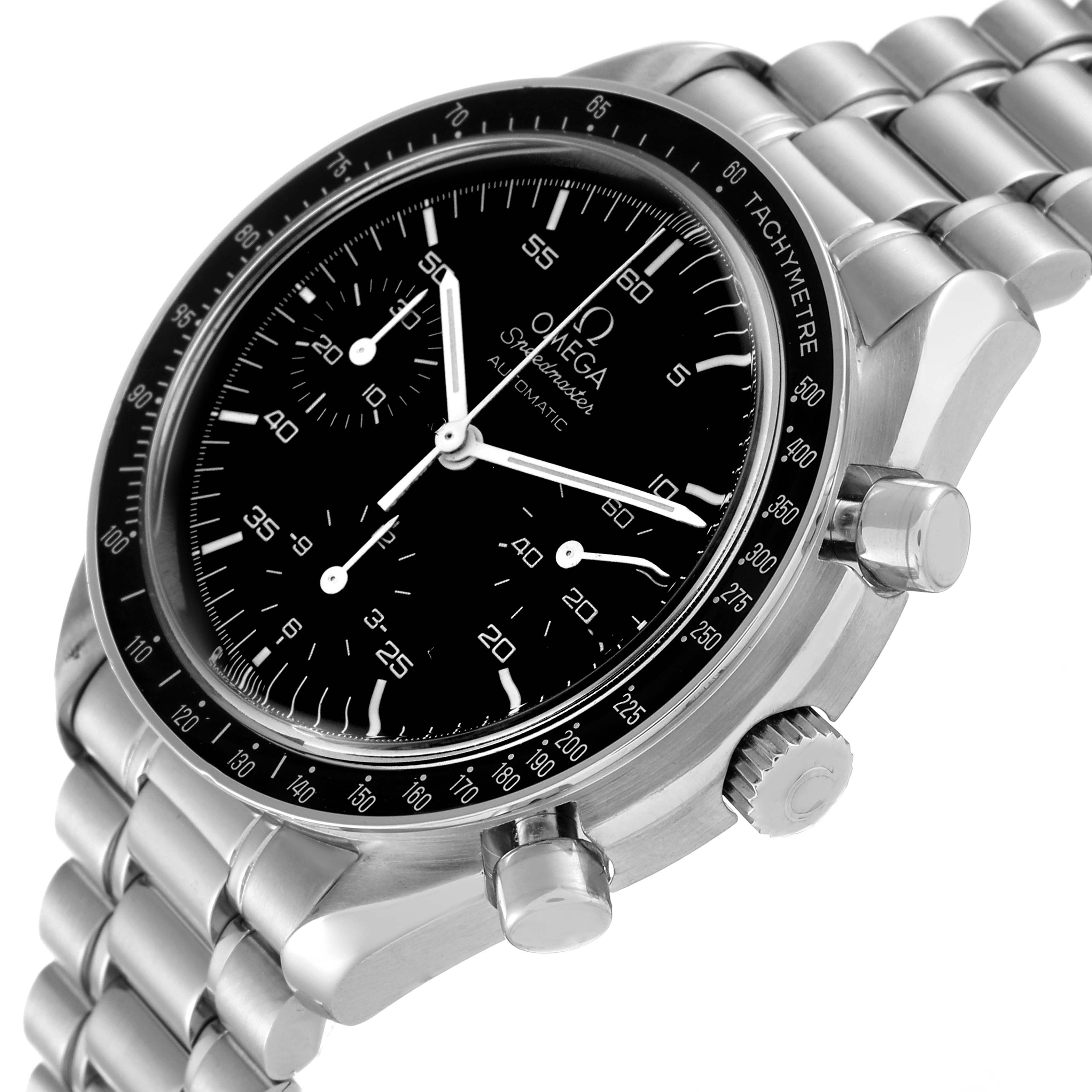 The image shows a side view of the Omega Speedmaster 3510.50.00 Men's Stainless Steel Black Dial 3510.50.00 Men's Stainless Steel Black Dial watch, highlighting the bezel, crown, pushers, and part of the bracelet.