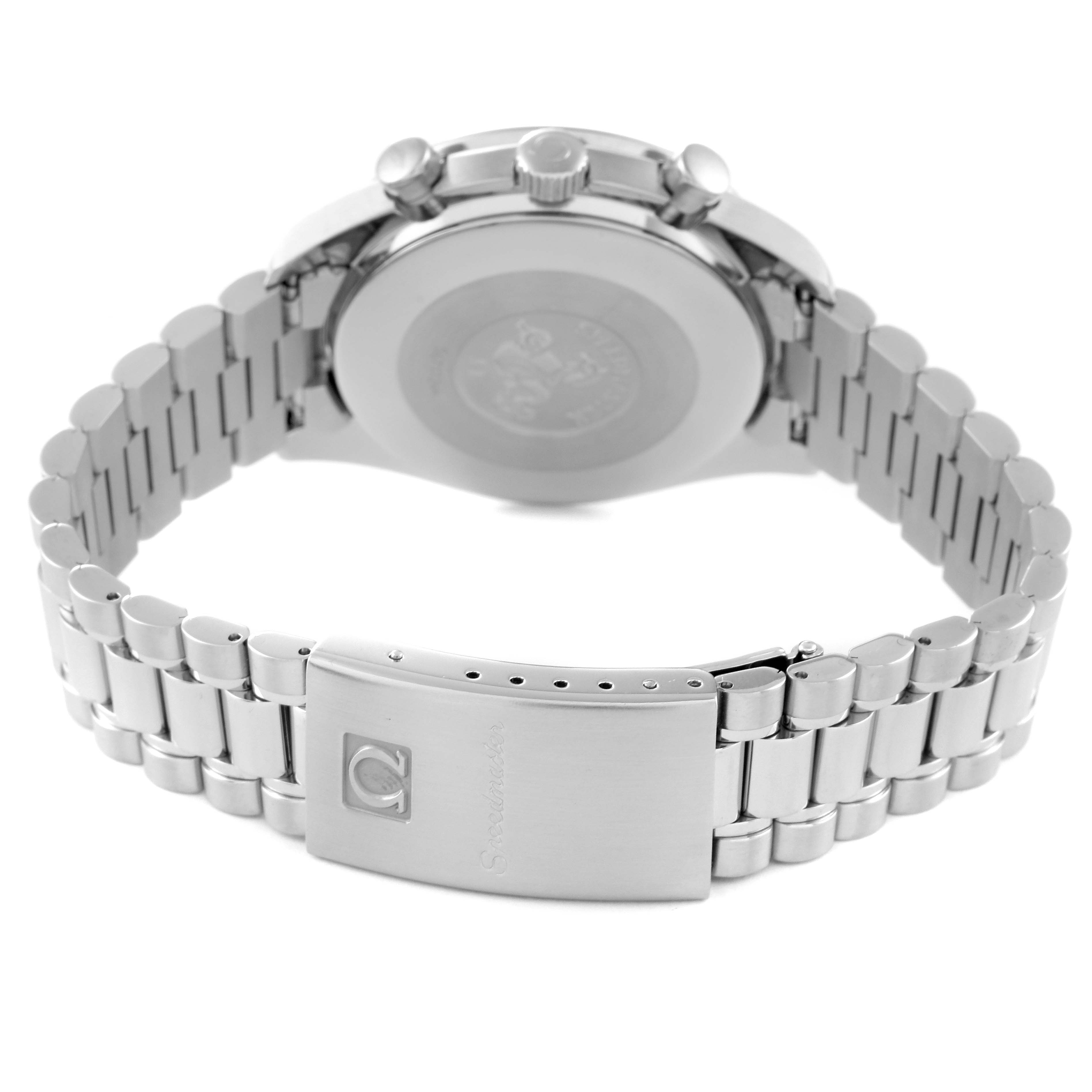 The image shows the back angle of an Omega Speedmaster 3510.50.00 Men's Stainless Steel Black Dial 3510.50.00 Men's Stainless Steel Black Dial watch, highlighting its bracelet and closed clasp.