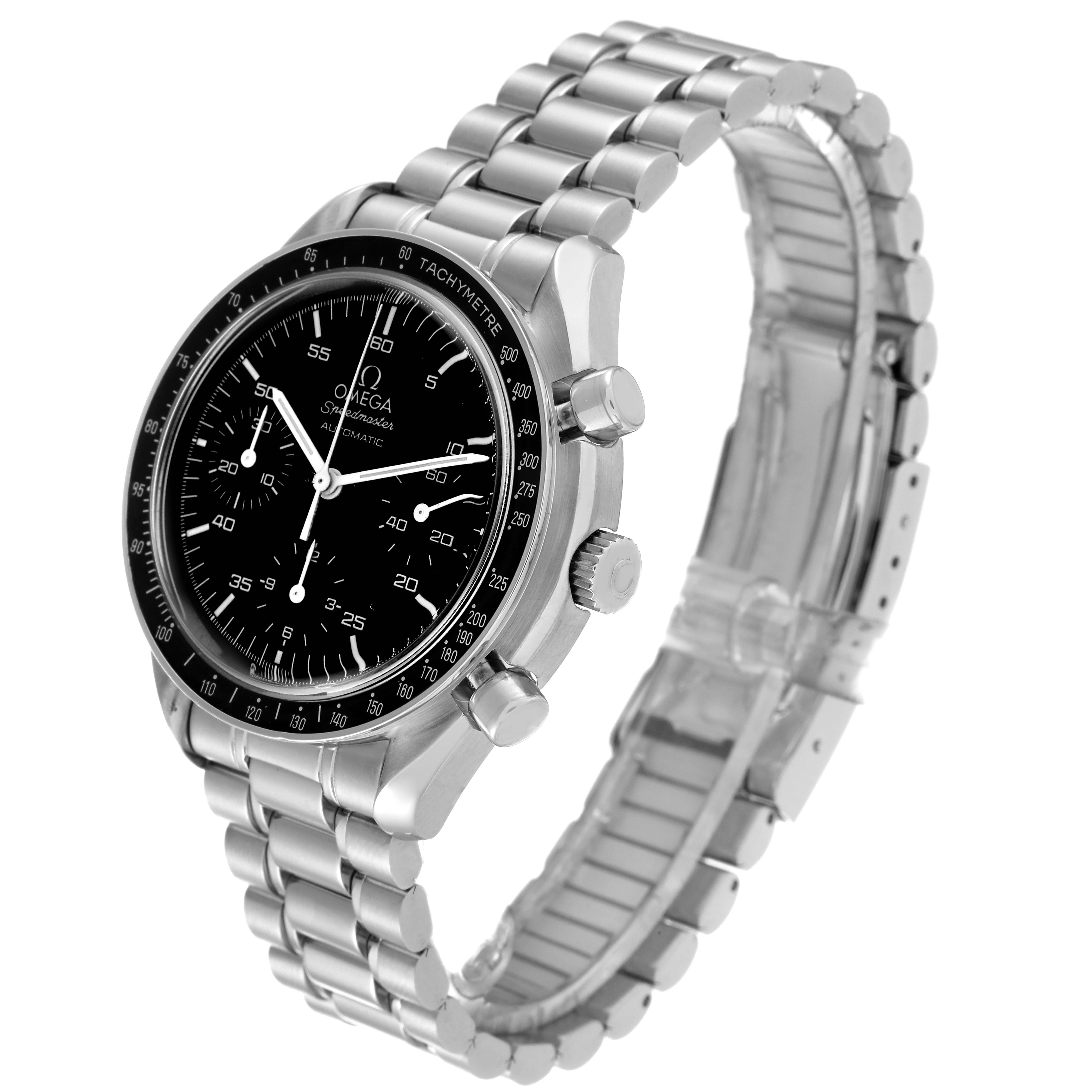 The Omega Speedmaster 3510.50.00 Men's Stainless Steel Black Dial 3510.50.00 Men's Stainless Steel Black Dial watch is shown at an angled view featuring its face, bezel, pushers, and bracelet.