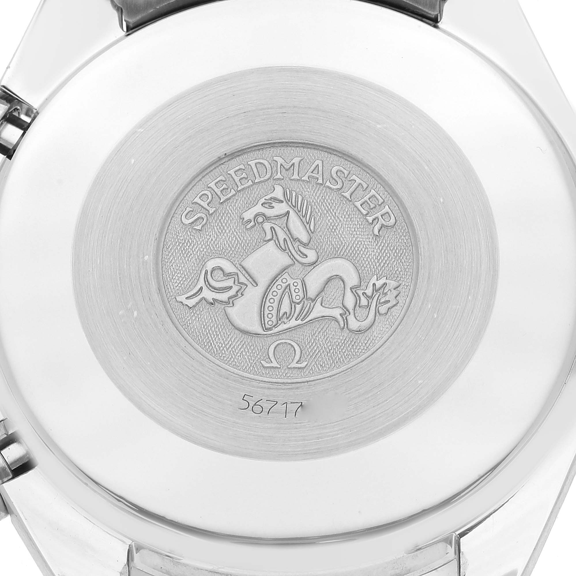 The image shows the case back of an Omega Speedmaster 3510.50.00 Men's Stainless Steel Black Dial 3510.50.00 Men's Stainless Steel Black Dial watch, featuring the Speedmaster emblem and serial number.