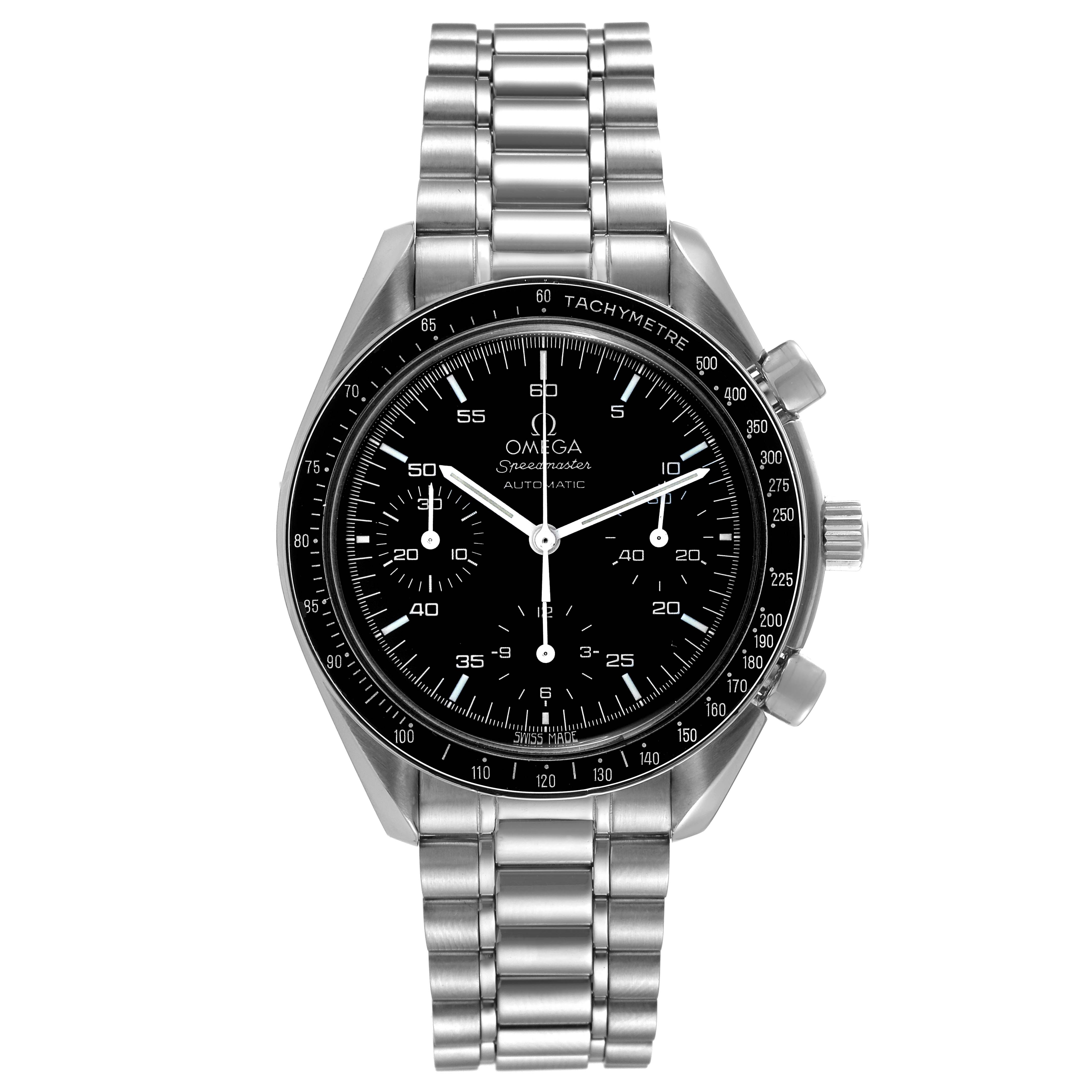 This is a front view of the Omega Speedmaster 3510.50.00 Men's Stainless Steel Black Dial 3510.50.00 Men's Stainless Steel Black Dial watch, showing the dial, bezel, and metal bracelet.
