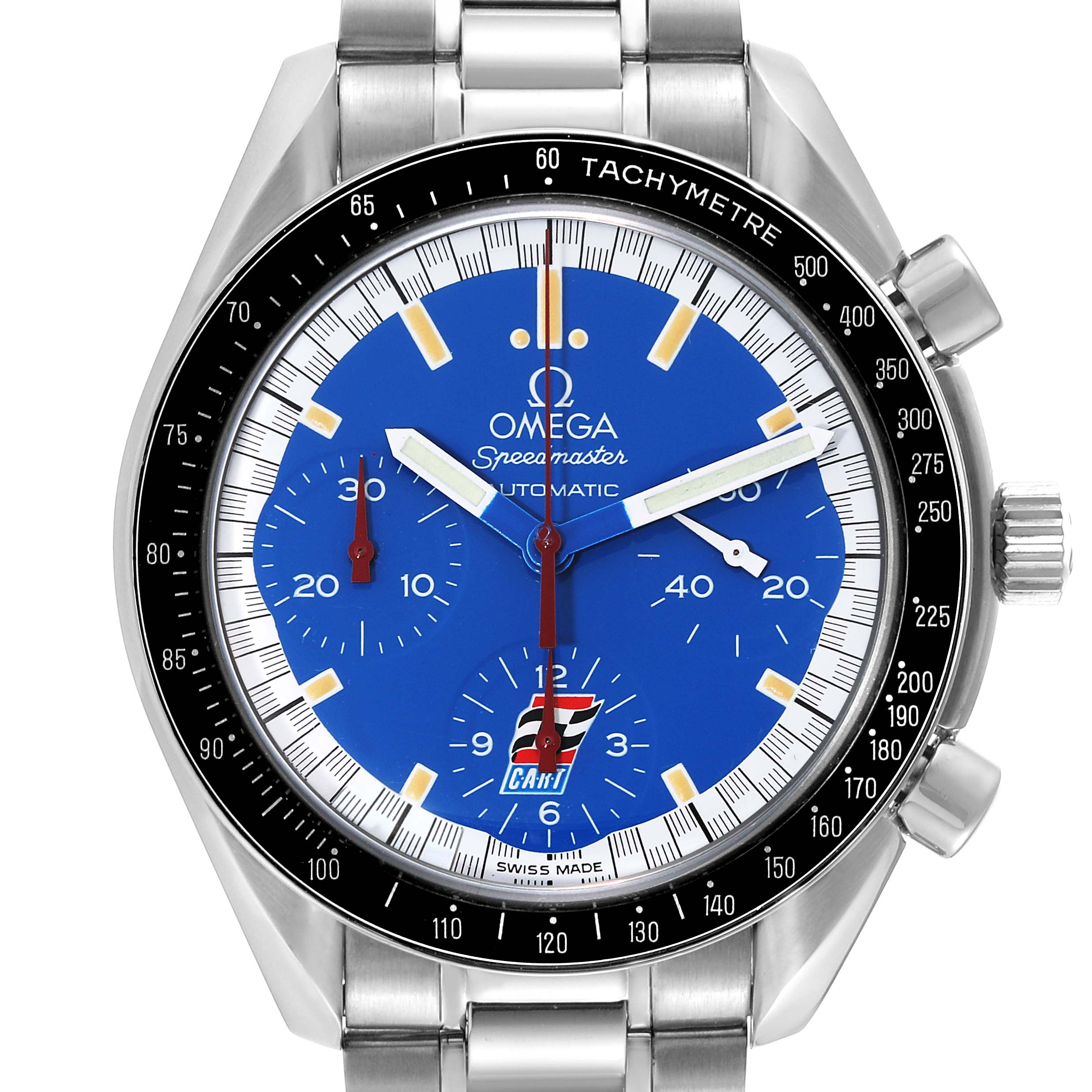 This image shows a close-up, front view of an Omega Speedmaster 3510.80.00 Men
s Stainless Steel Blue Dial 3510.80.00 Men
s Stainless Steel Blue Dial watch, highlighting its blue dial and tachymeter bezel.