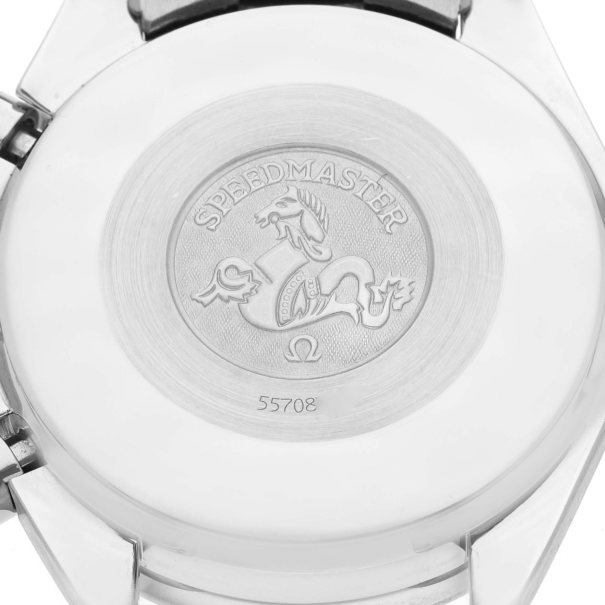 The image shows the back case of an Omega Speedmaster 3510.80.00 Men
s Stainless Steel Blue Dial 3510.80.00 Men
s Stainless Steel Blue Dial watch with the model insignia and emblem.