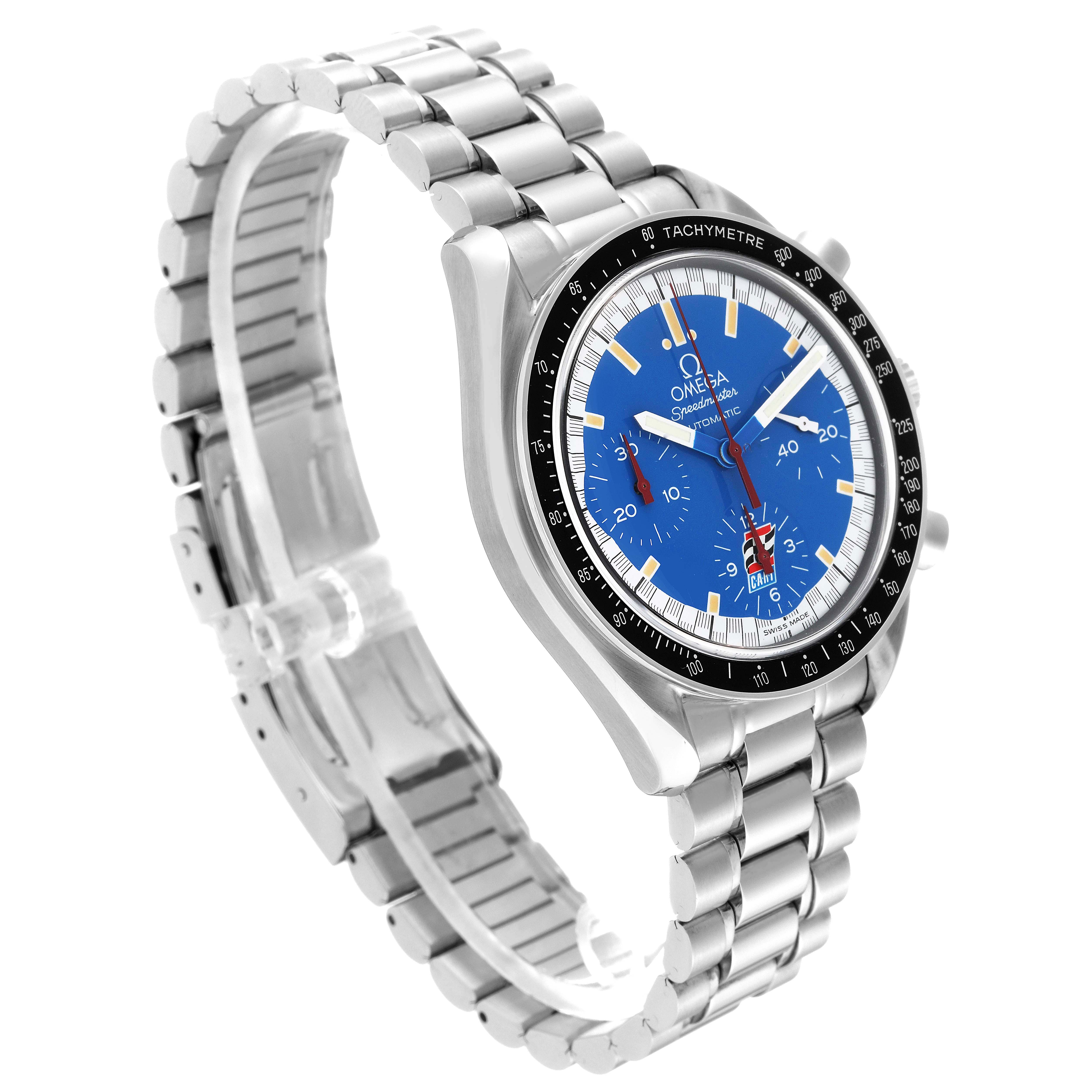 The Omega Speedmaster 3510.80.00 Men
s Stainless Steel Blue Dial 3510.80.00 Men
s Stainless Steel Blue Dial watch is shown from an angled side view, highlighting its blue dial, tachymeter bezel, and metal bracelet.