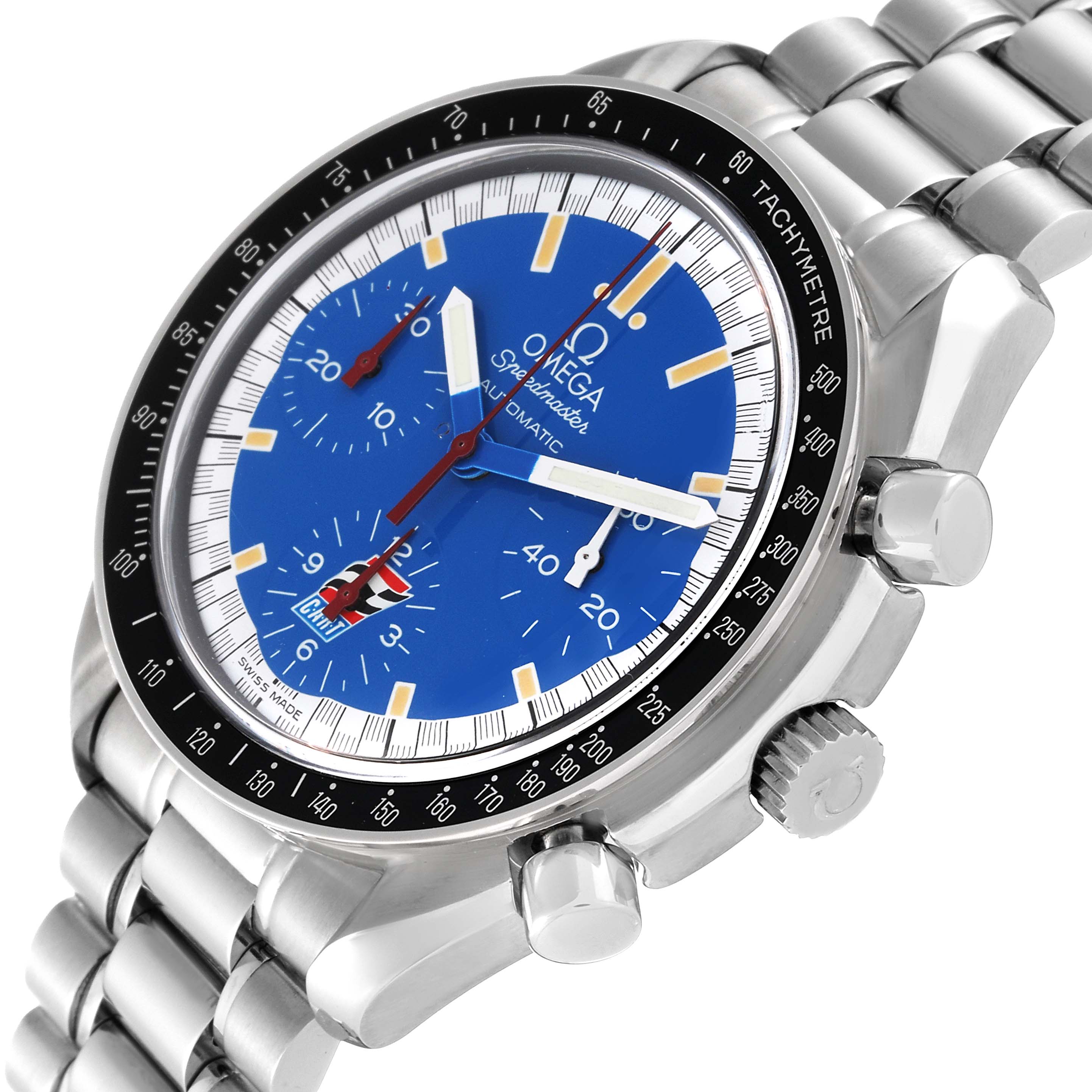 The image shows an angled view of the Omega Speedmaster 3510.80.00 Men
s Stainless Steel Blue Dial 3510.80.00 Men
s Stainless Steel Blue Dial, highlighting its blue dial, tachymeter bezel, and stainless steel bracelet.