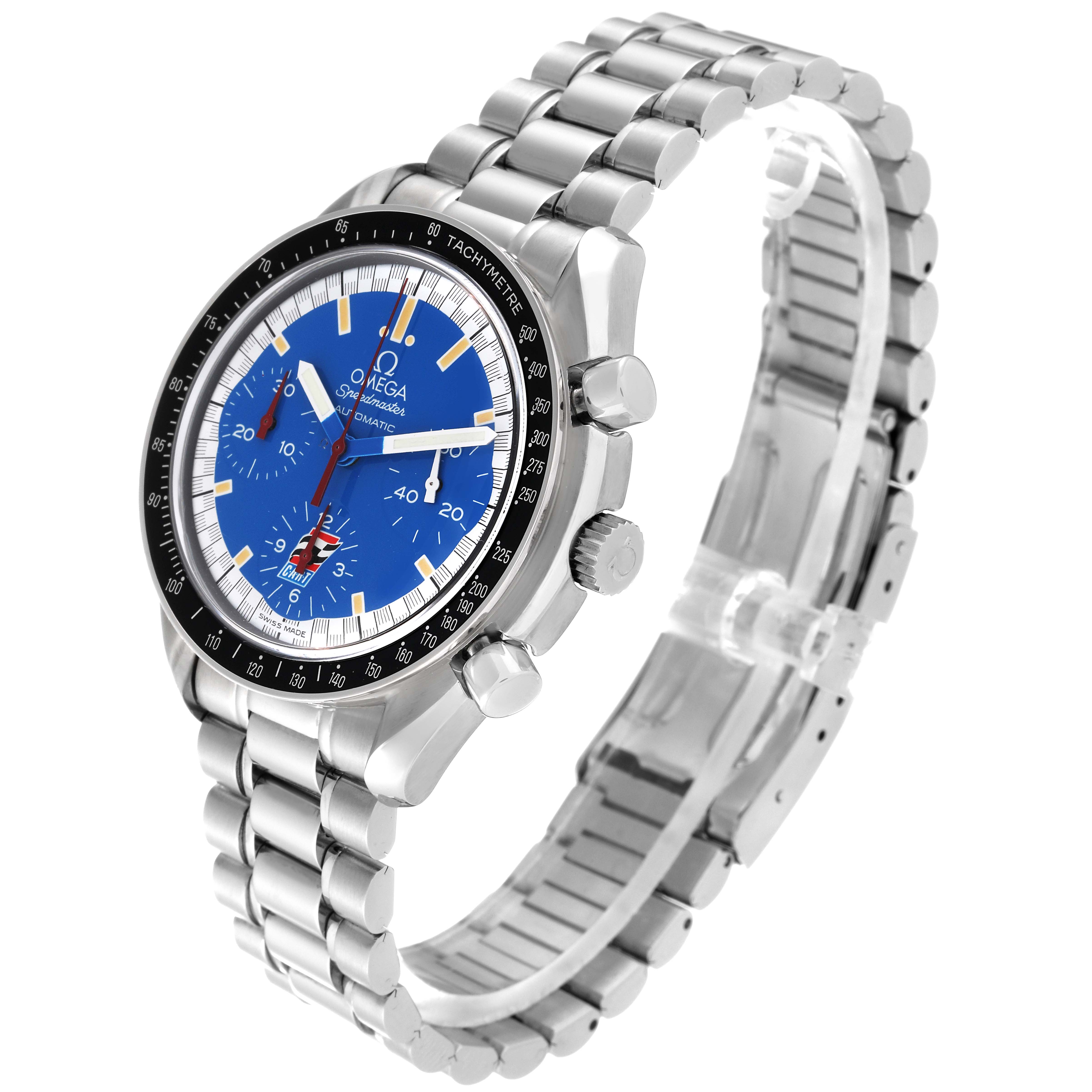 The Omega Speedmaster 3510.80.00 Men
s Stainless Steel Blue Dial 3510.80.00 Men
s Stainless Steel Blue Dial watch is shown at an angle displaying the face, crown, pushers, and metal bracelet.