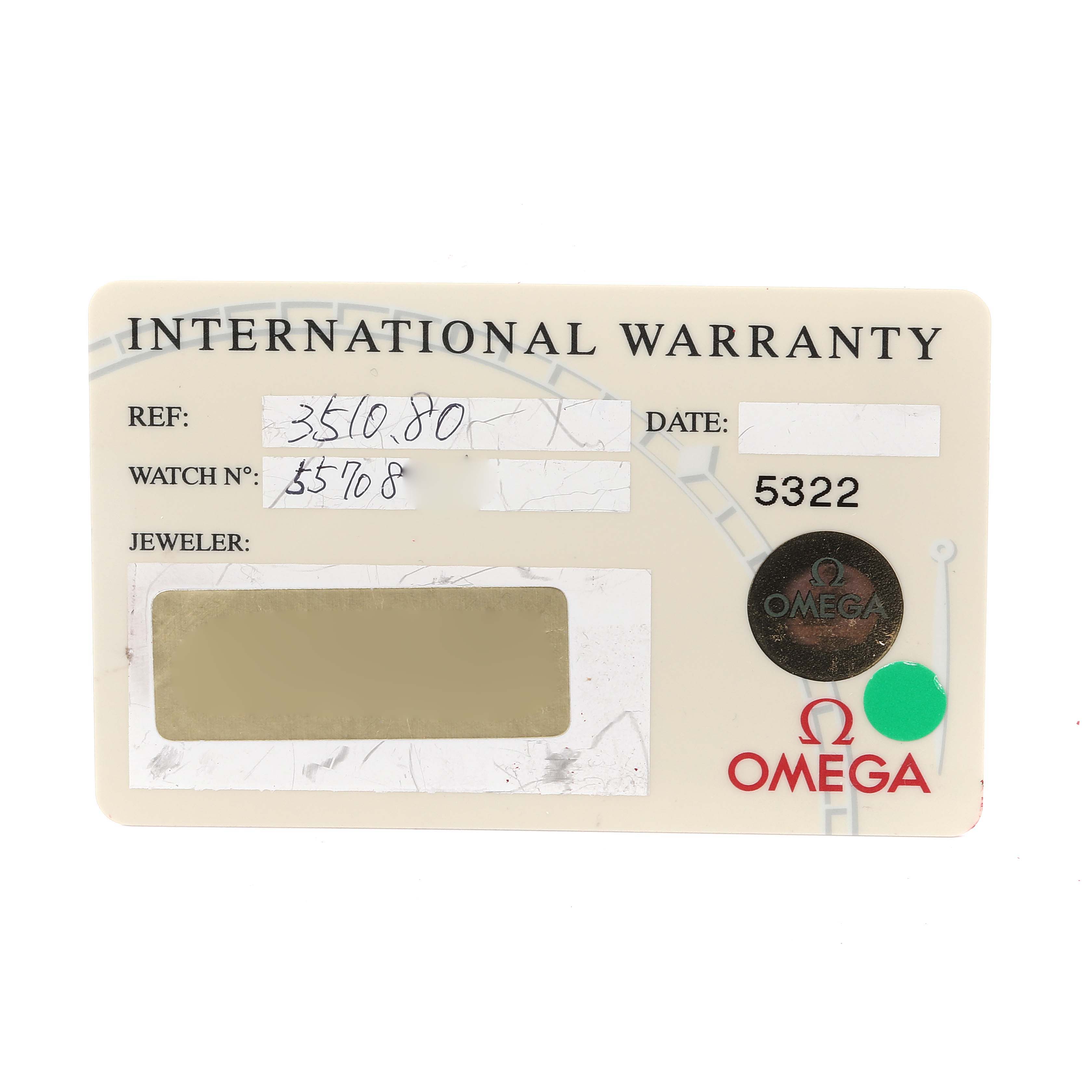The image shows an International Warranty card for the Omega Speedmaster 3510.80.00 Men
s Stainless Steel Blue Dial 3510.80.00 Men
s Stainless Steel Blue Dial watch model.