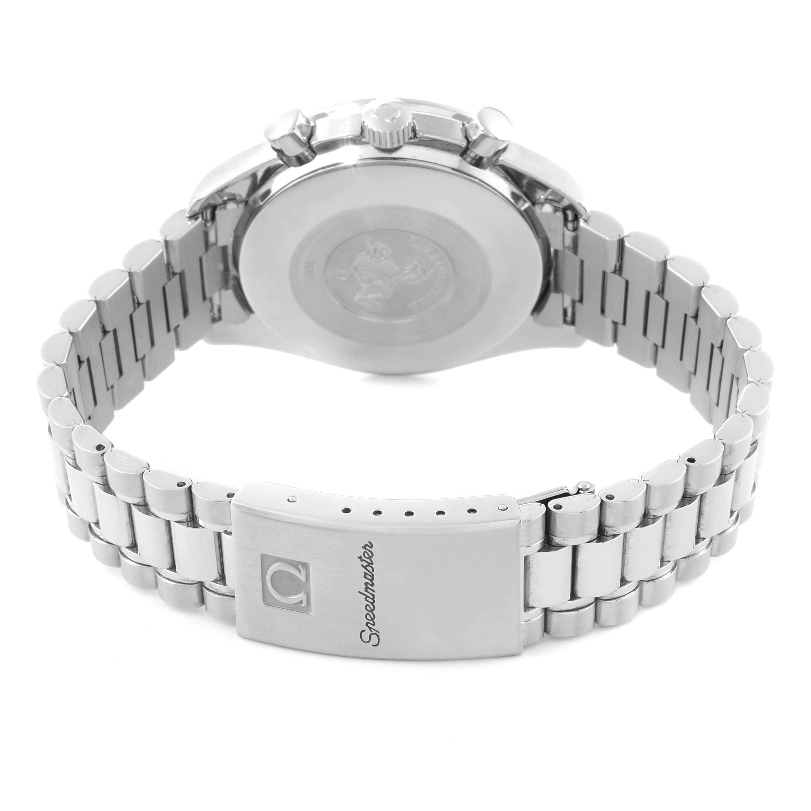 The image shows the back and clasp of an Omega Speedmaster 3510.80.00 Men
s Stainless Steel Blue Dial 3510.80.00 Men
s Stainless Steel Blue Dial watch, with focus on the stainless steel bracelet and engraved clasp.