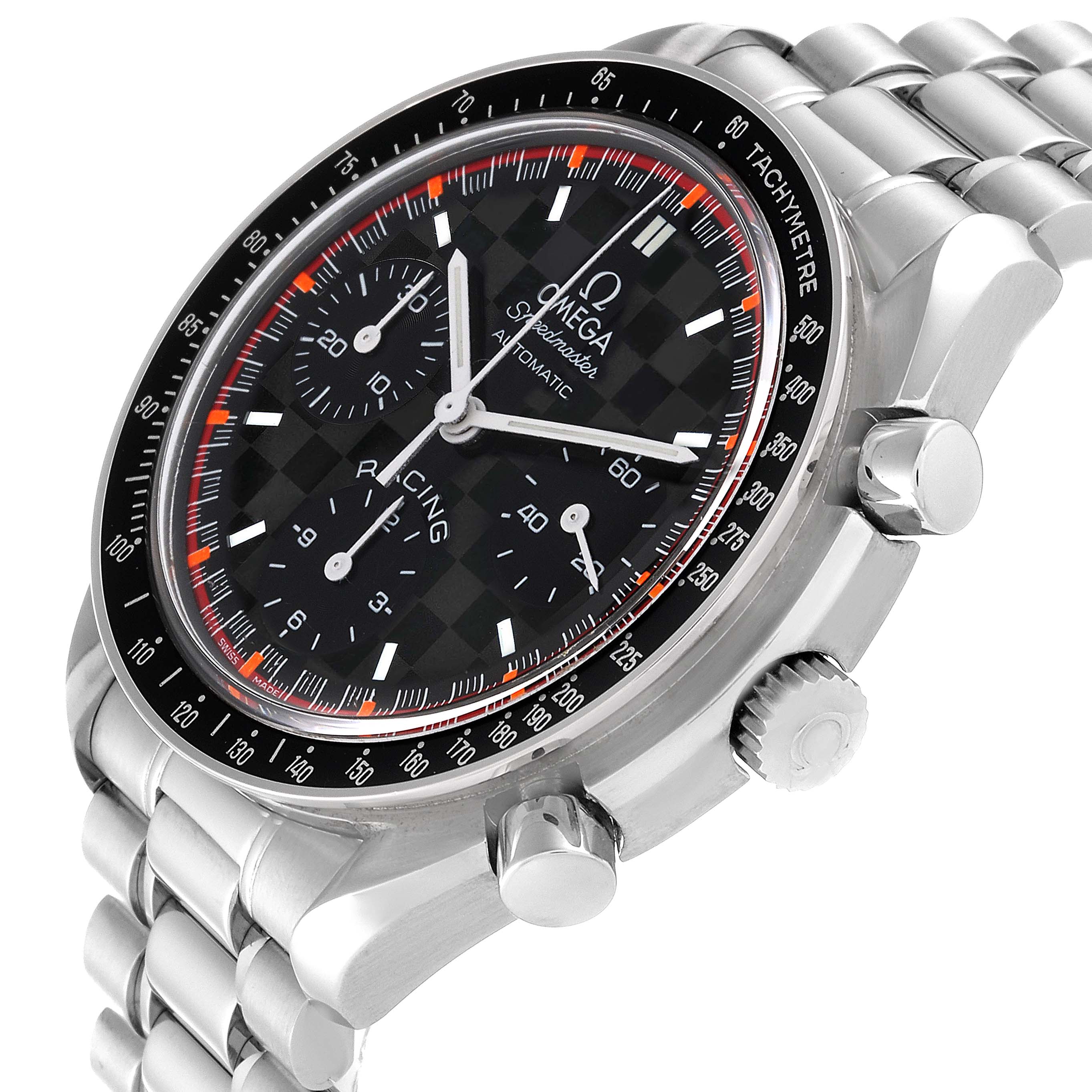 The Omega Speedmaster 3518.50.00 Men's Stainless Steel Black Dial 3518.50.00 Men's Stainless Steel Black Dial watch is shown at an angled side view featuring its dial, bezel, pushers, crown, and bracelet.