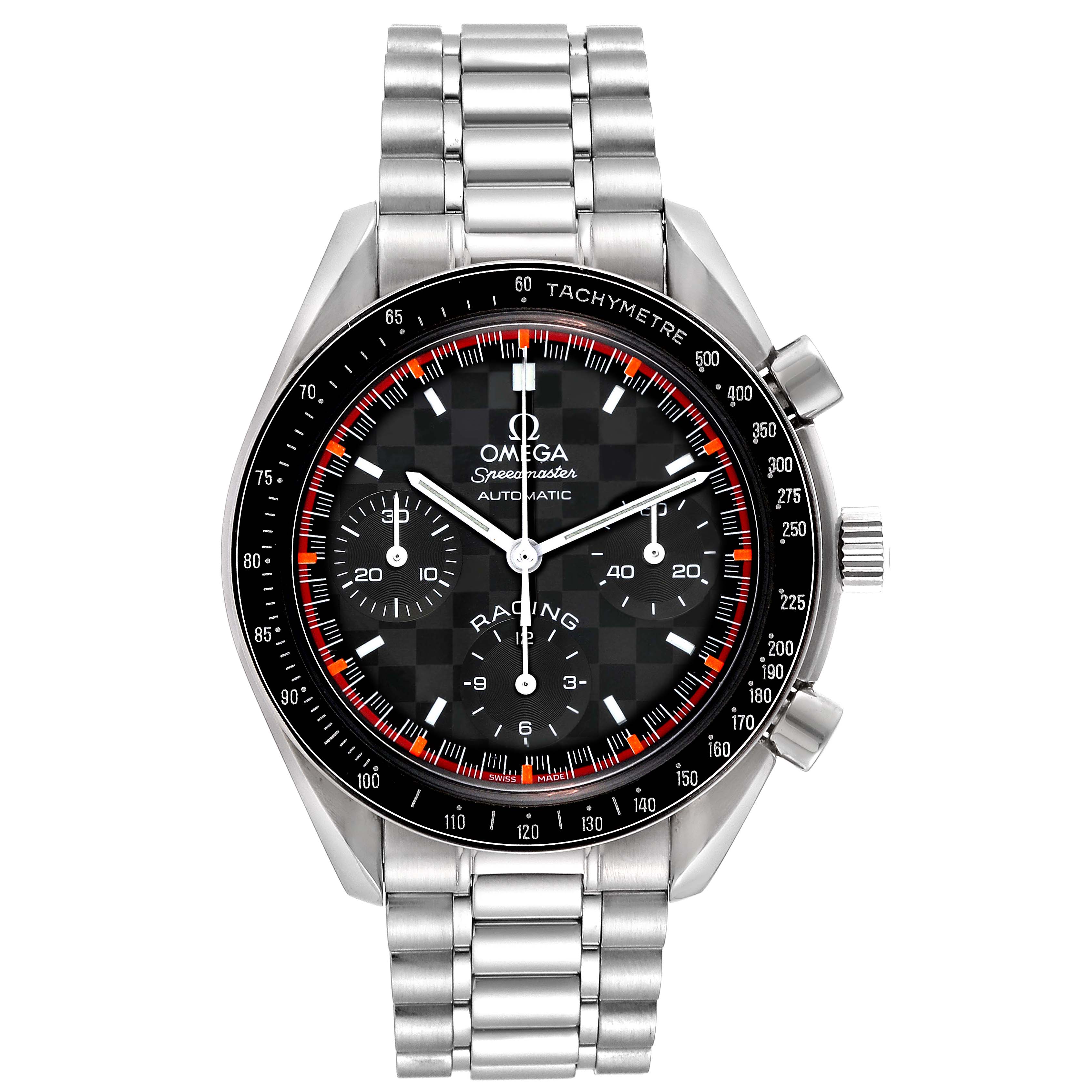 The image displays a front view of an Omega Speedmaster 3518.50.00 Men's Stainless Steel Black Dial 3518.50.00 Men's Stainless Steel Black Dial watch, showcasing its dial, sub-dials, bezel, and bracelet.