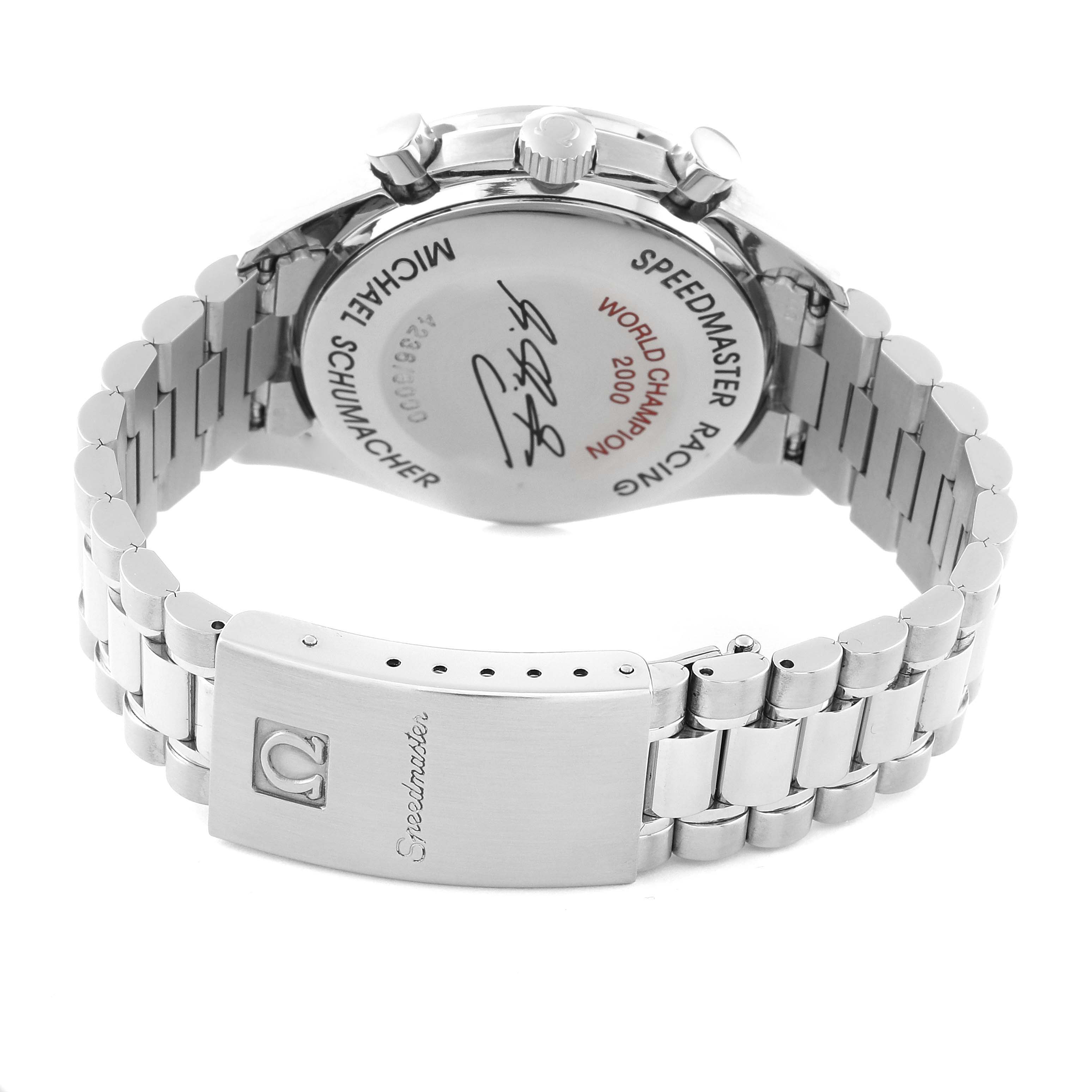 The image shows the back and bracelet clasp of an Omega Speedmaster 3518.50.00 Men's Stainless Steel Black Dial 3518.50.00 Men's Stainless Steel Black Dial watch, with the case back featuring inscriptions and a signature.