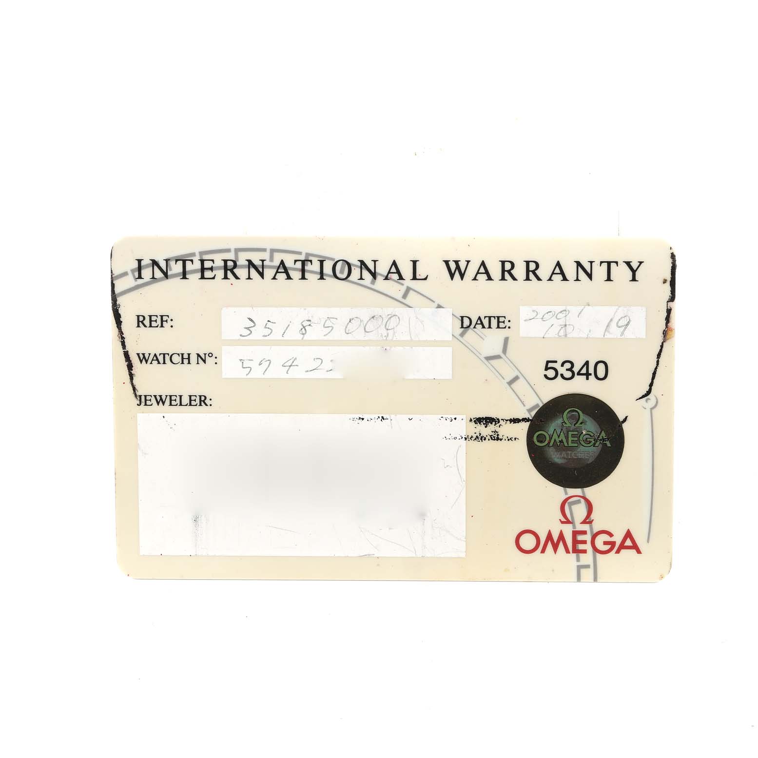 The image shows an international warranty card for an Omega Speedmaster 3518.50.00 Men's Stainless Steel Black Dial 3518.50.00 Men's Stainless Steel Black Dial watch, including reference and watch number details.