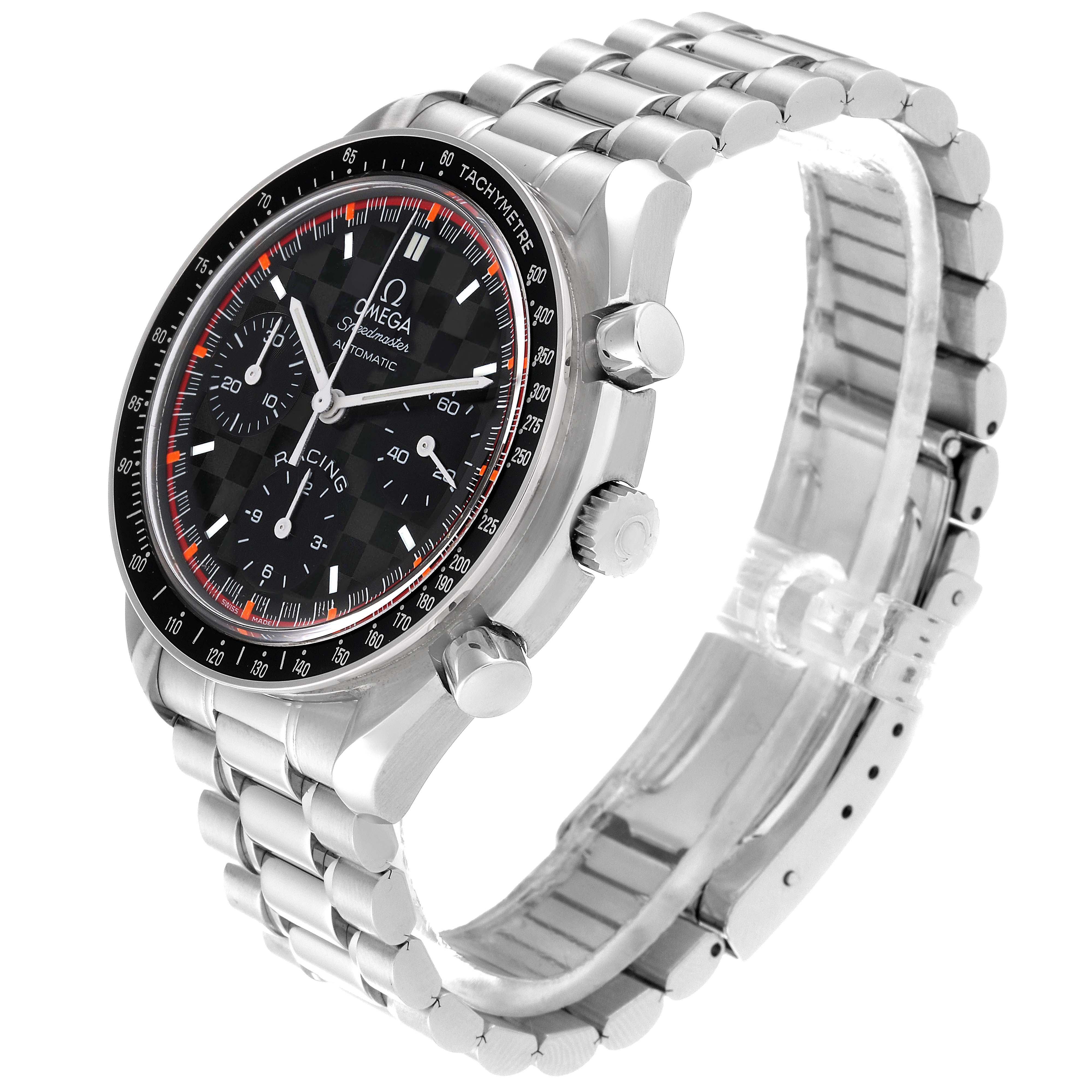 The Omega Speedmaster 3518.50.00 Men's Stainless Steel Black Dial 3518.50.00 Men's Stainless Steel Black Dial watch is shown at an angle highlighting the face, bezel, crown, and stainless steel bracelet.