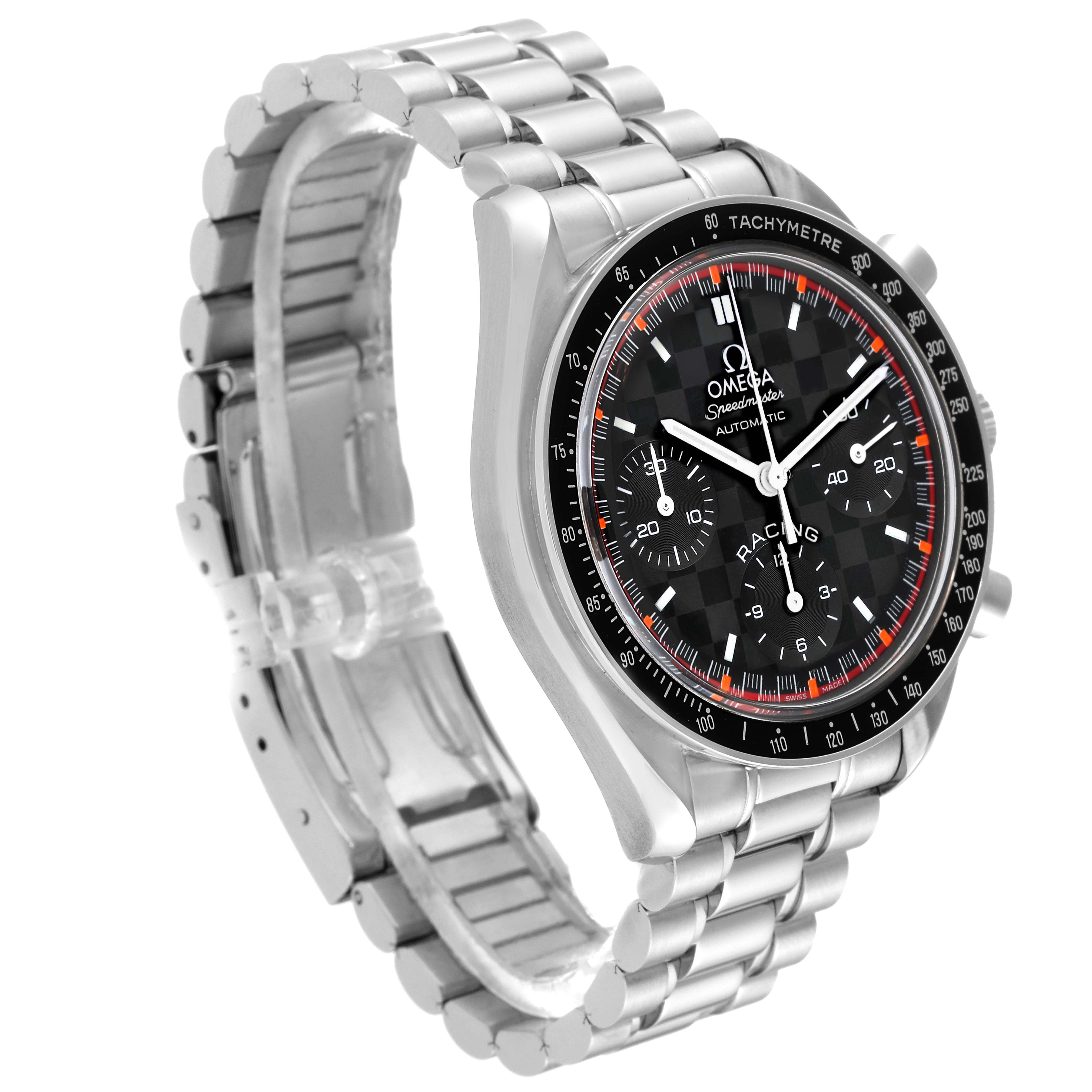 The image shows a side angle of an Omega Speedmaster 3518.50.00 Men's Stainless Steel Black Dial 3518.50.00 Men's Stainless Steel Black Dial watch, highlighting its stainless steel bracelet and tachymeter bezel.