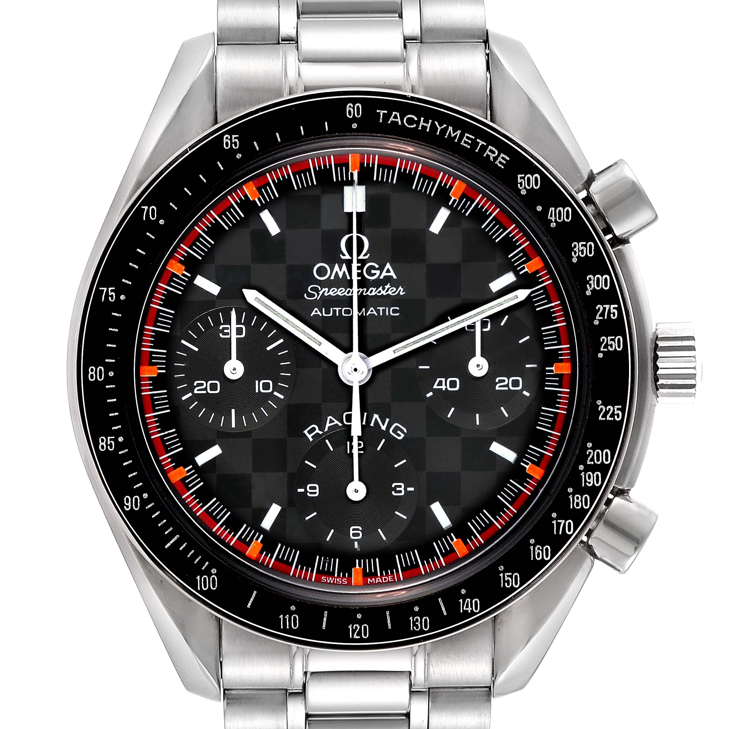 This image shows a front view of the Omega Speedmaster 3518.50.00 Men's Stainless Steel Black Dial 3518.50.00 Men's Stainless Steel Black Dial watch, highlighting its chronograph features, tachymeter bezel, and metal bracelet.