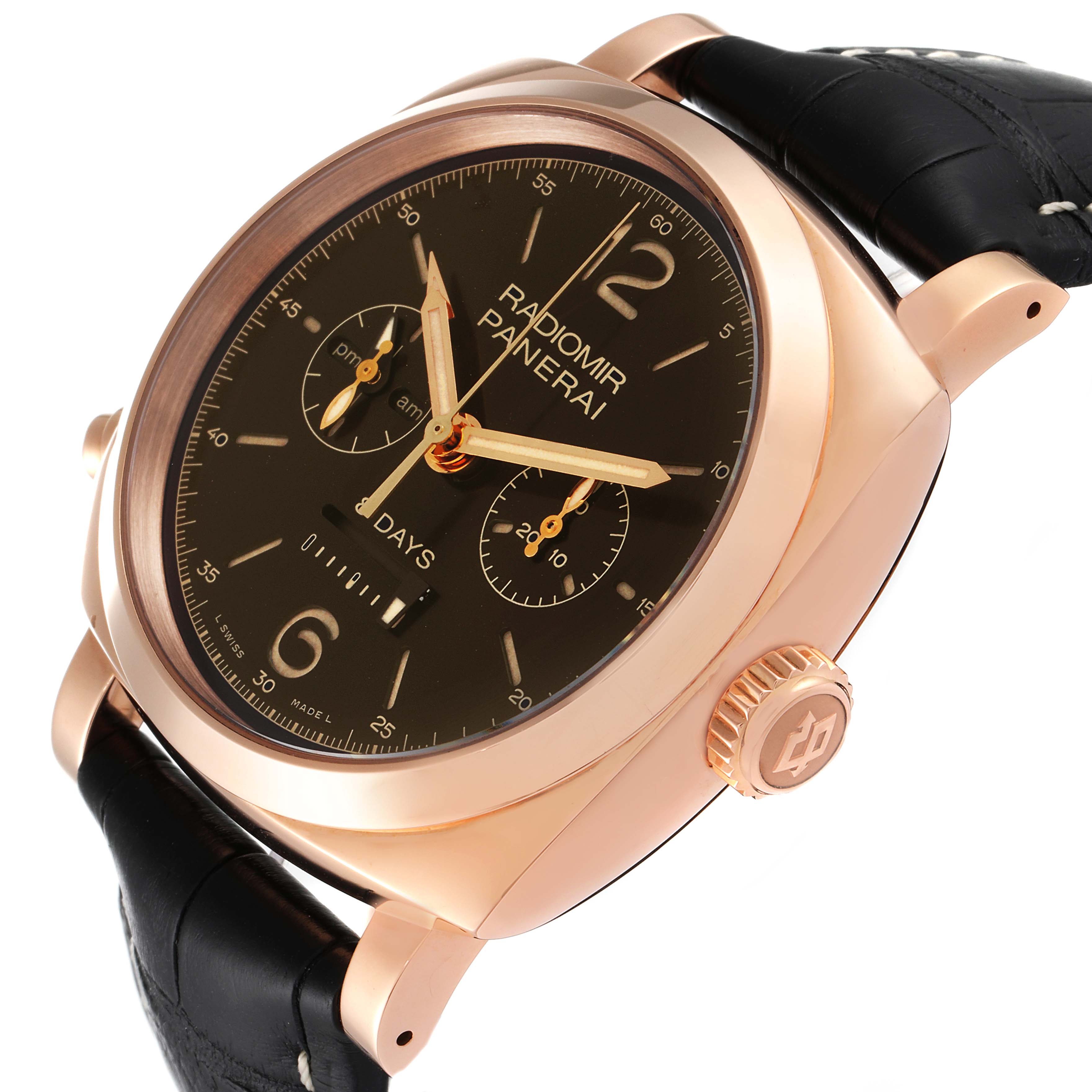 The image shows a close-up shot of the face, case, and crown of the Panerai Radiomir PAM00502 Men's Rose Gold Brown Dial PAM00502 Men's Rose Gold Brown Dial watch.