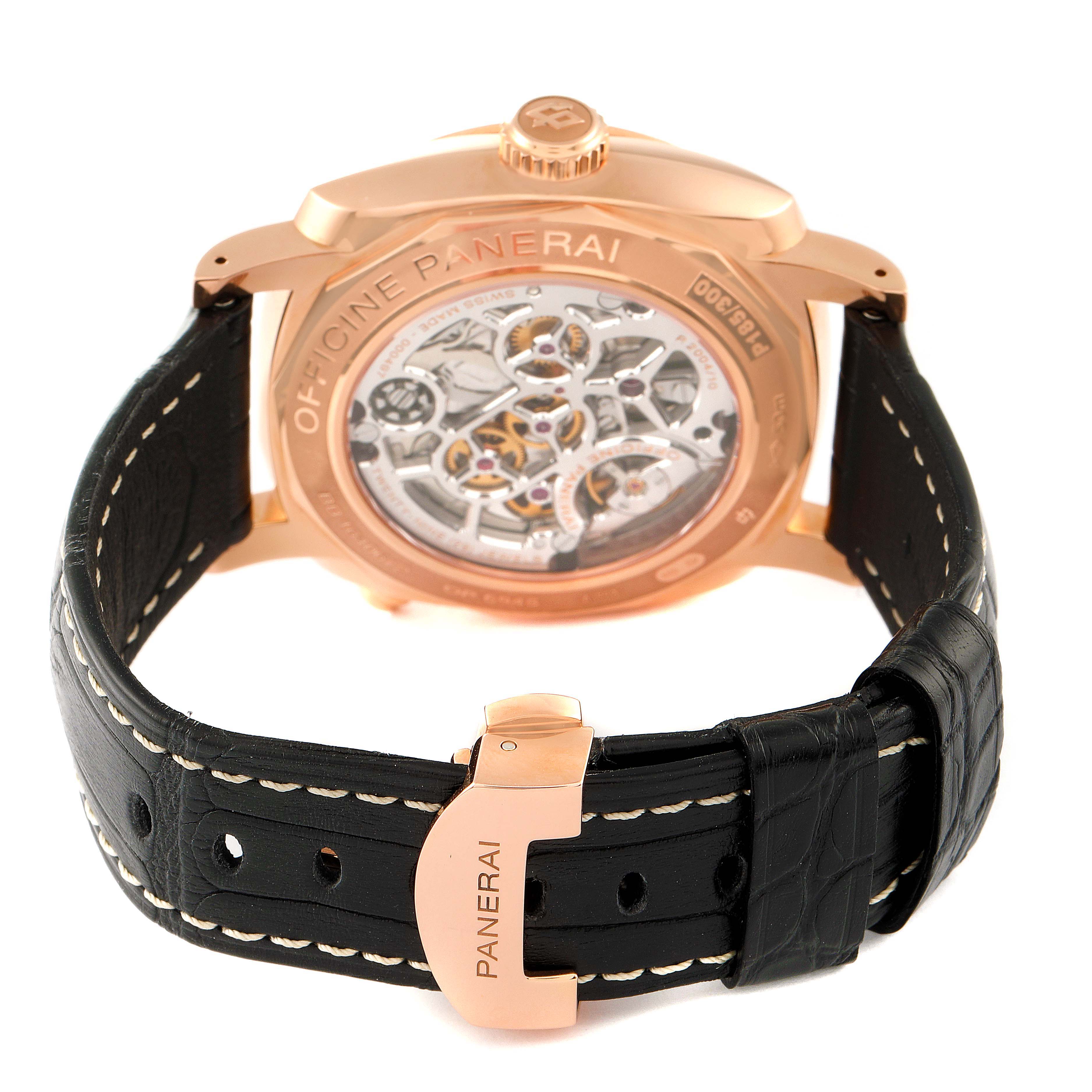 This Radiomir model by Panerai is shown from the rear angle, highlighting its case back and black leather strap.