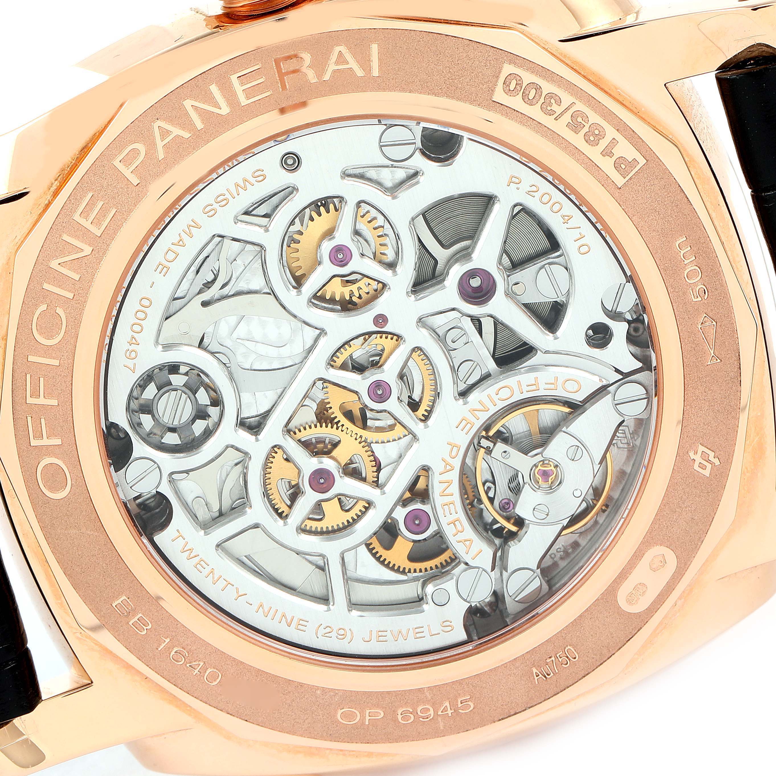 The image shows the back of a Panerai Radiomir PAM00502 Men's Rose Gold Brown Dial PAM00502 Men's Rose Gold Brown Dial watch, revealing its intricate mechanical movement and internal components.