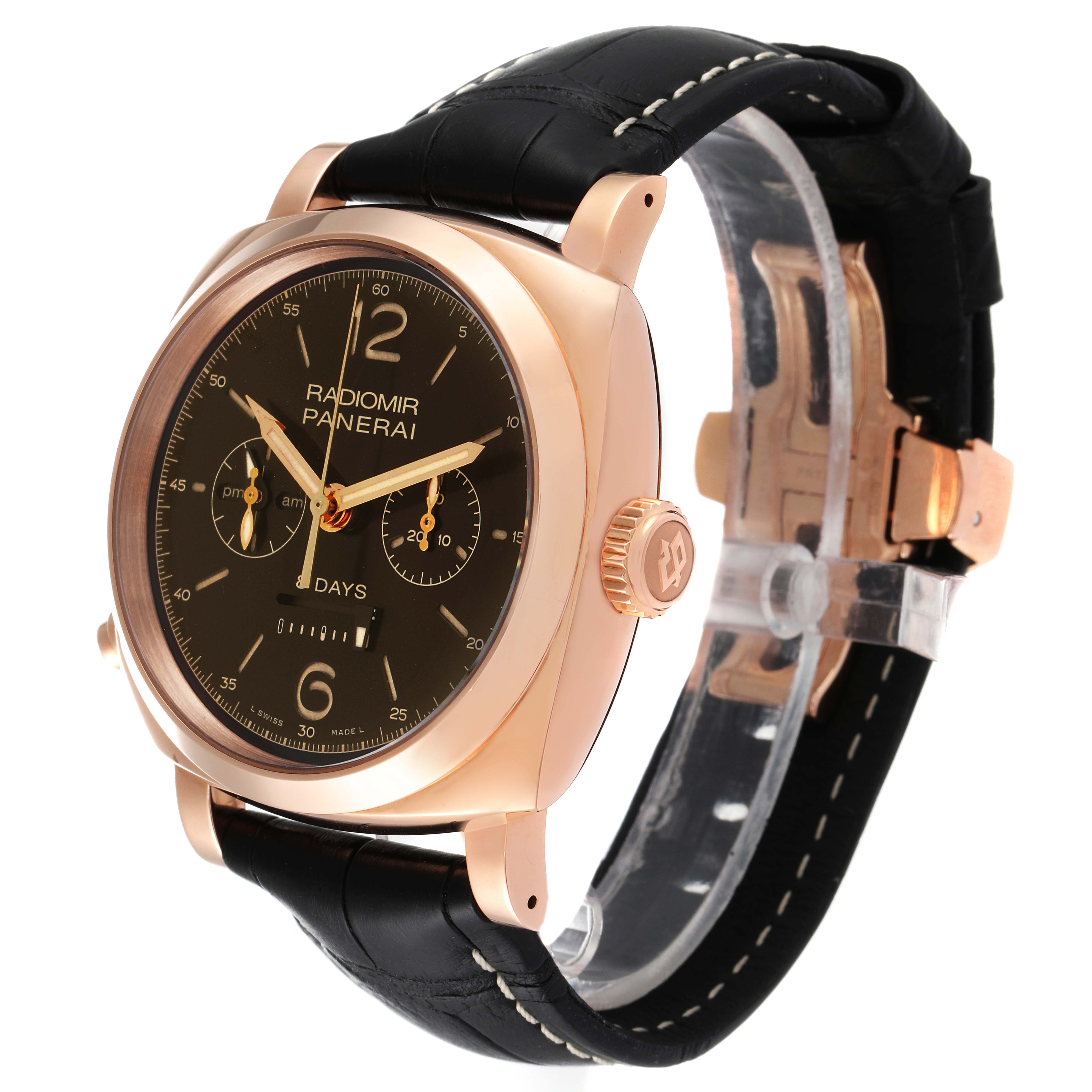 The image shows a side and front angle of a Panerai Radiomir PAM00502 Men's Rose Gold Brown Dial PAM00502 Men's Rose Gold Brown Dial watch, featuring a black dial, rose gold case, and black leather strap.