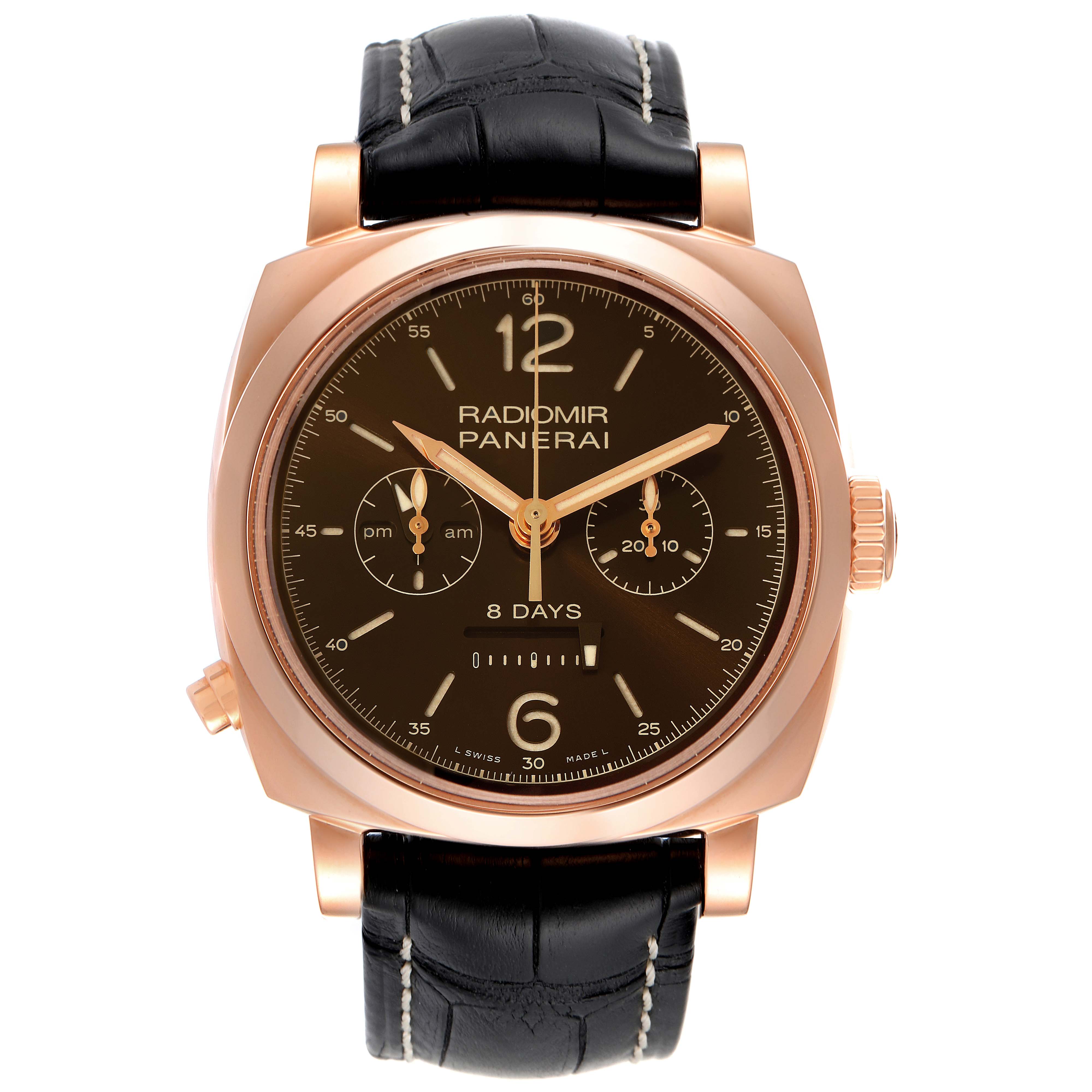 The image shows a front view of a Panerai Radiomir PAM00502 Men's Rose Gold Brown Dial PAM00502 Men's Rose Gold Brown Dial watch, highlighting its face, strap, and crown.