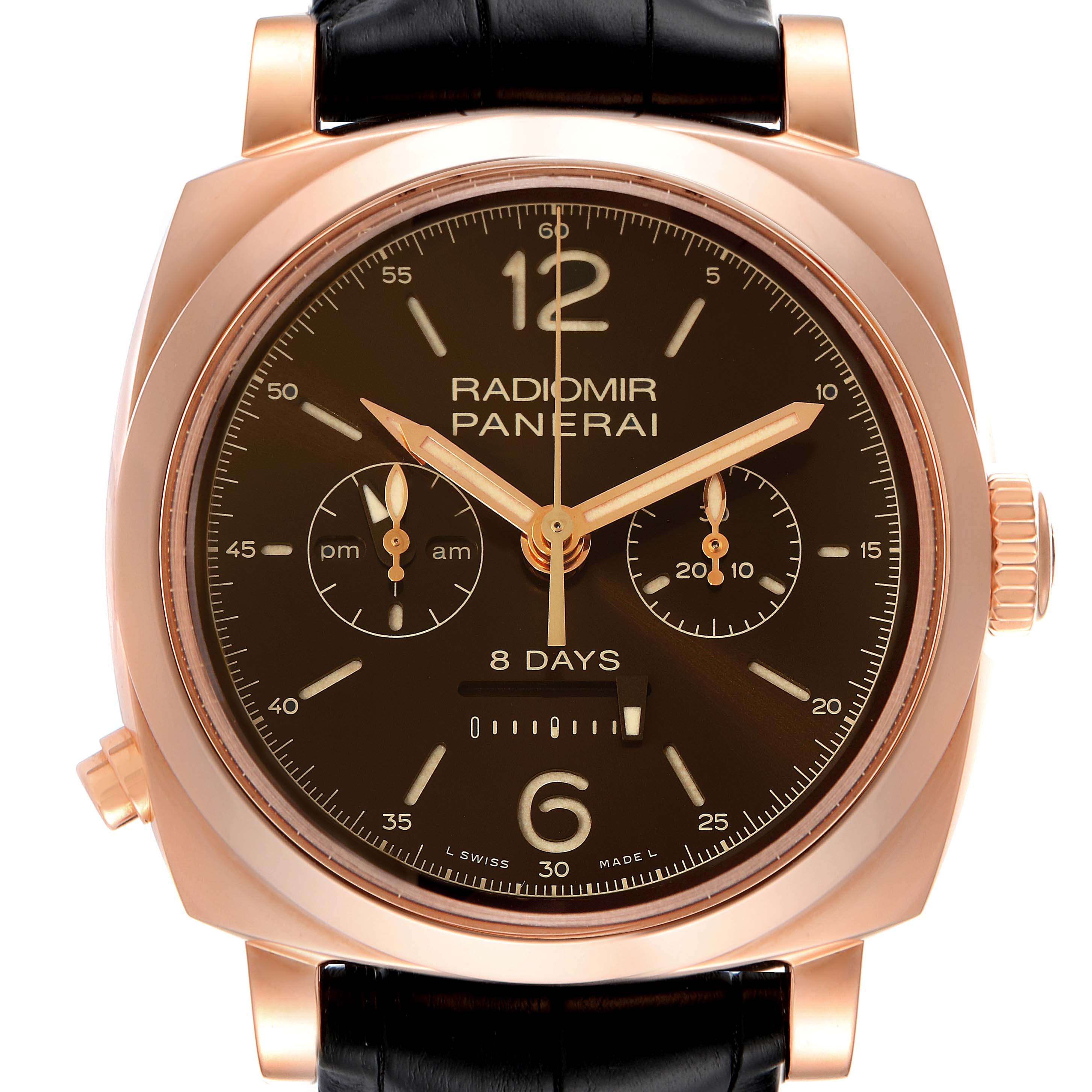 The image shows a front view of a Panerai Radiomir PAM00502 Men's Rose Gold Brown Dial PAM00502 Men's Rose Gold Brown Dial watch, highlighting its dial, hands, and subdials.
