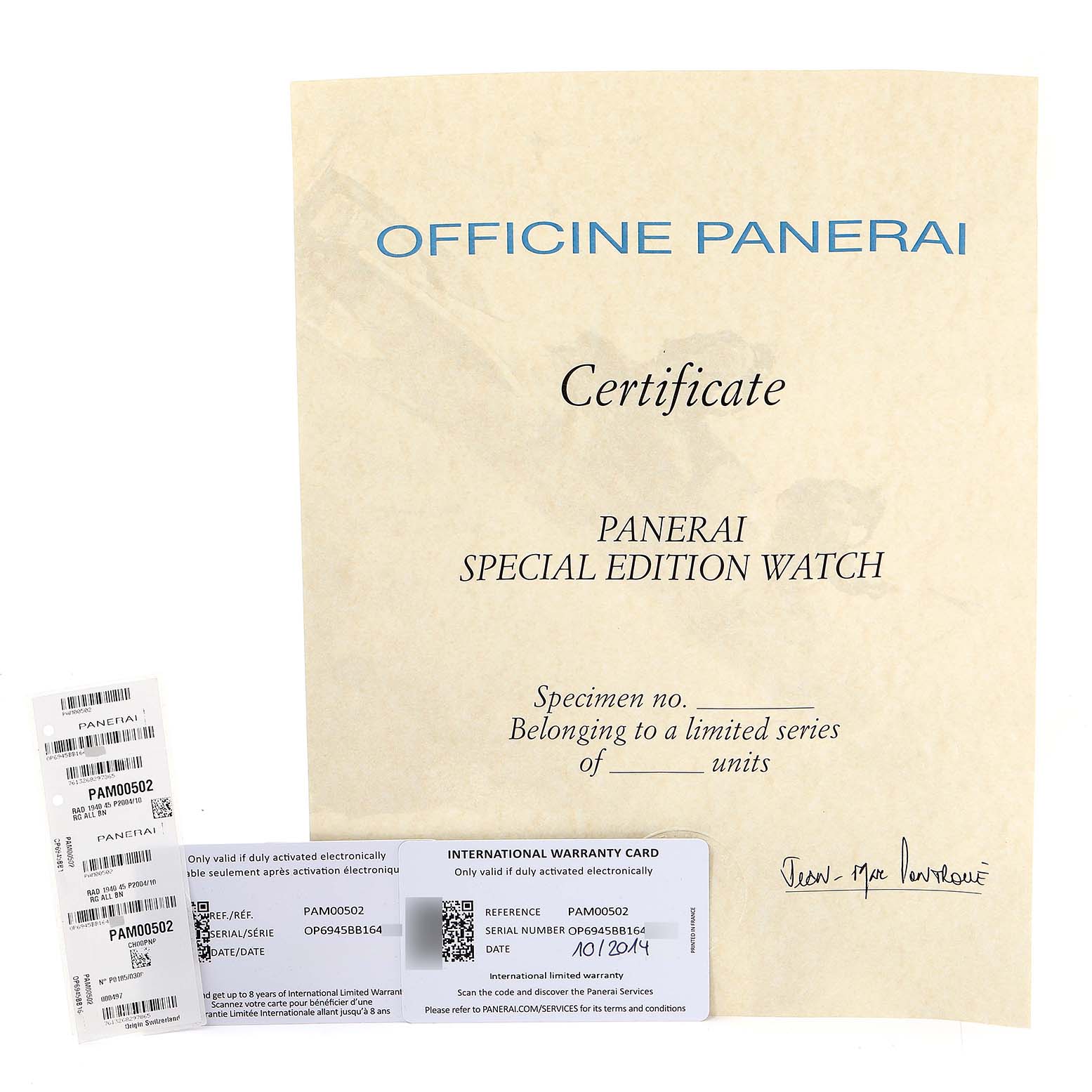 The image shows a certificate, international warranty card, and barcode stickers for a Panerai Radiomir PAM00502 Men's Rose Gold Brown Dial PAM00502 Men's Rose Gold Brown Dial model watch.
