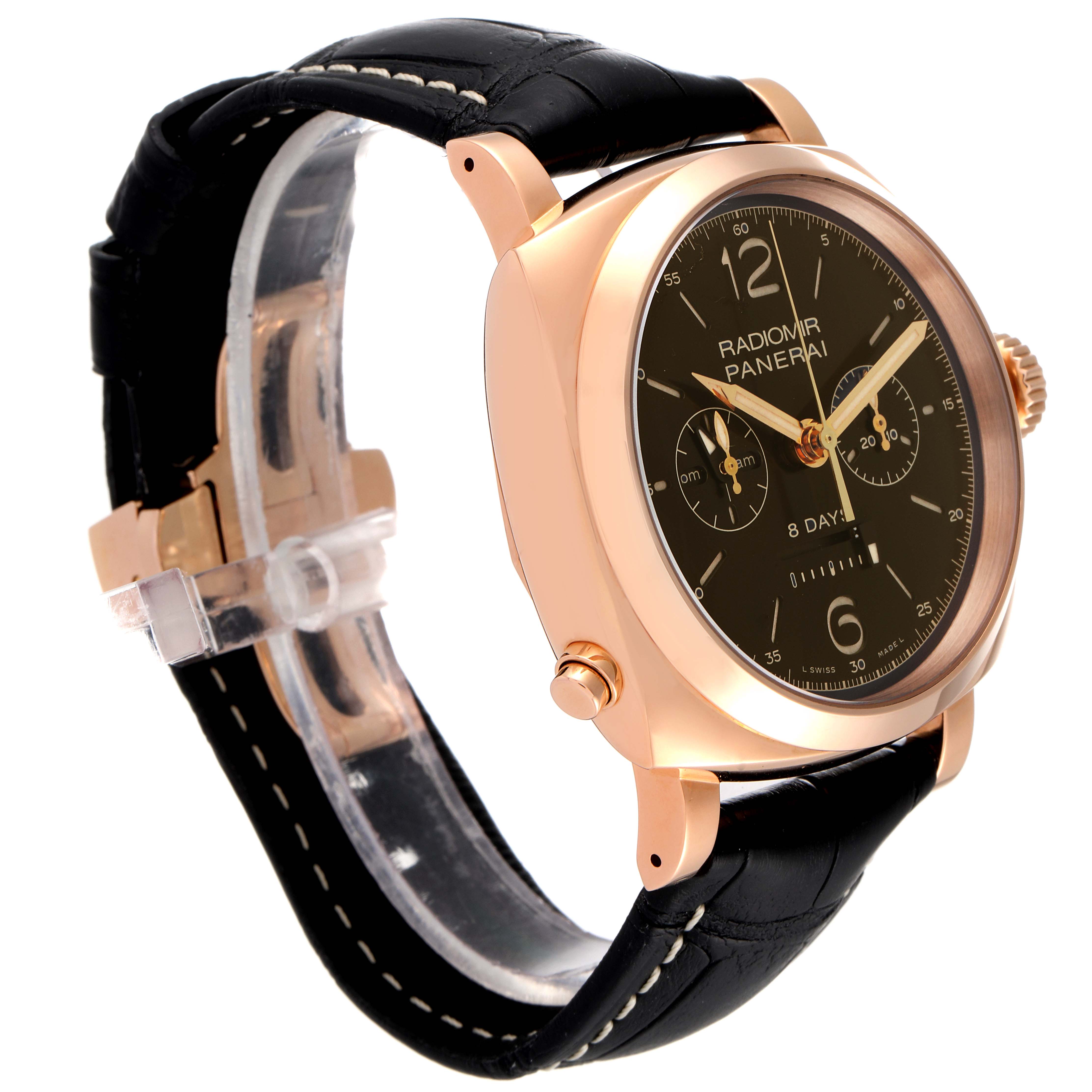 The image shows a Panerai Radiomir PAM00502 Men's Rose Gold Brown Dial PAM00502 Men's Rose Gold Brown Dial watch at an angled side view, displaying the case, dial, crown, and strap.