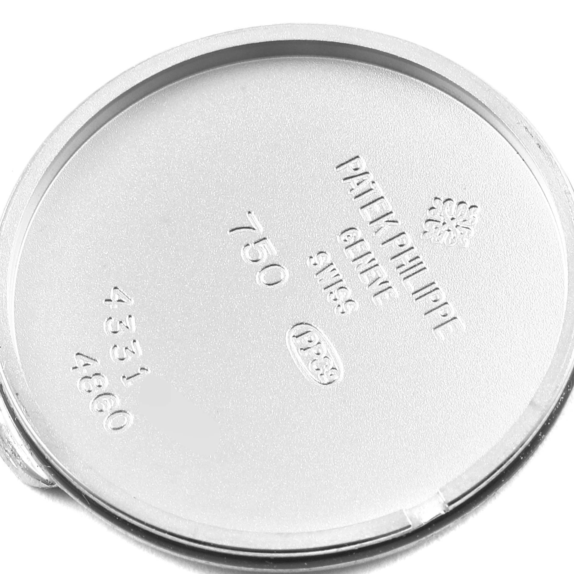 This image shows the case back of a Patek Philippe Calatrava 4860G Women's White Gold White Dial 4860G Women's White Gold White Dial watch, viewed from the underside.