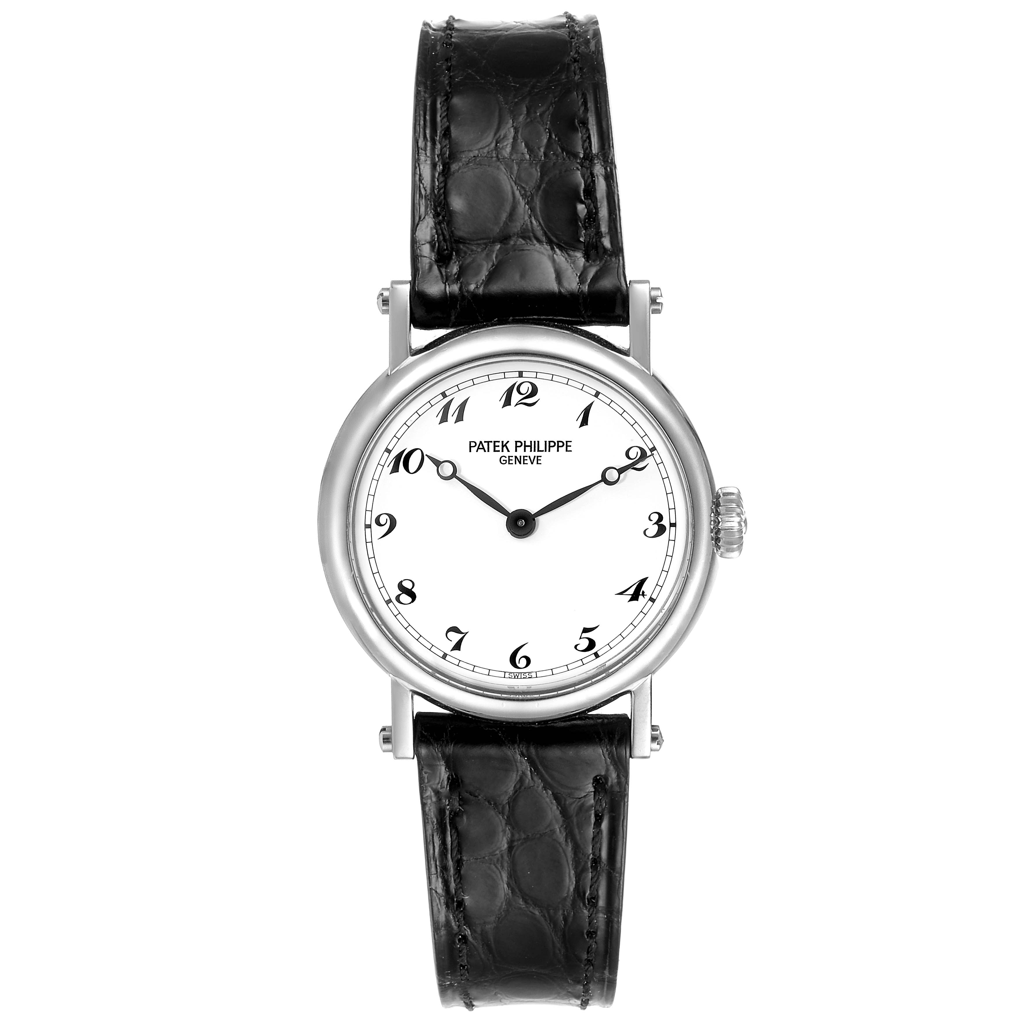 The image shows a front view of the Patek Philippe Calatrava 4860G Women's White Gold White Dial 4860G Women's White Gold White Dial watch, displaying its face, hands, and black strap.