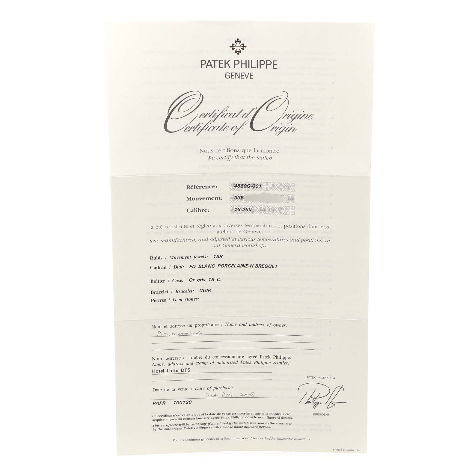 The image shows a Patek Philippe Certificate of Origin for a Calatrava model, detailing its specifications.