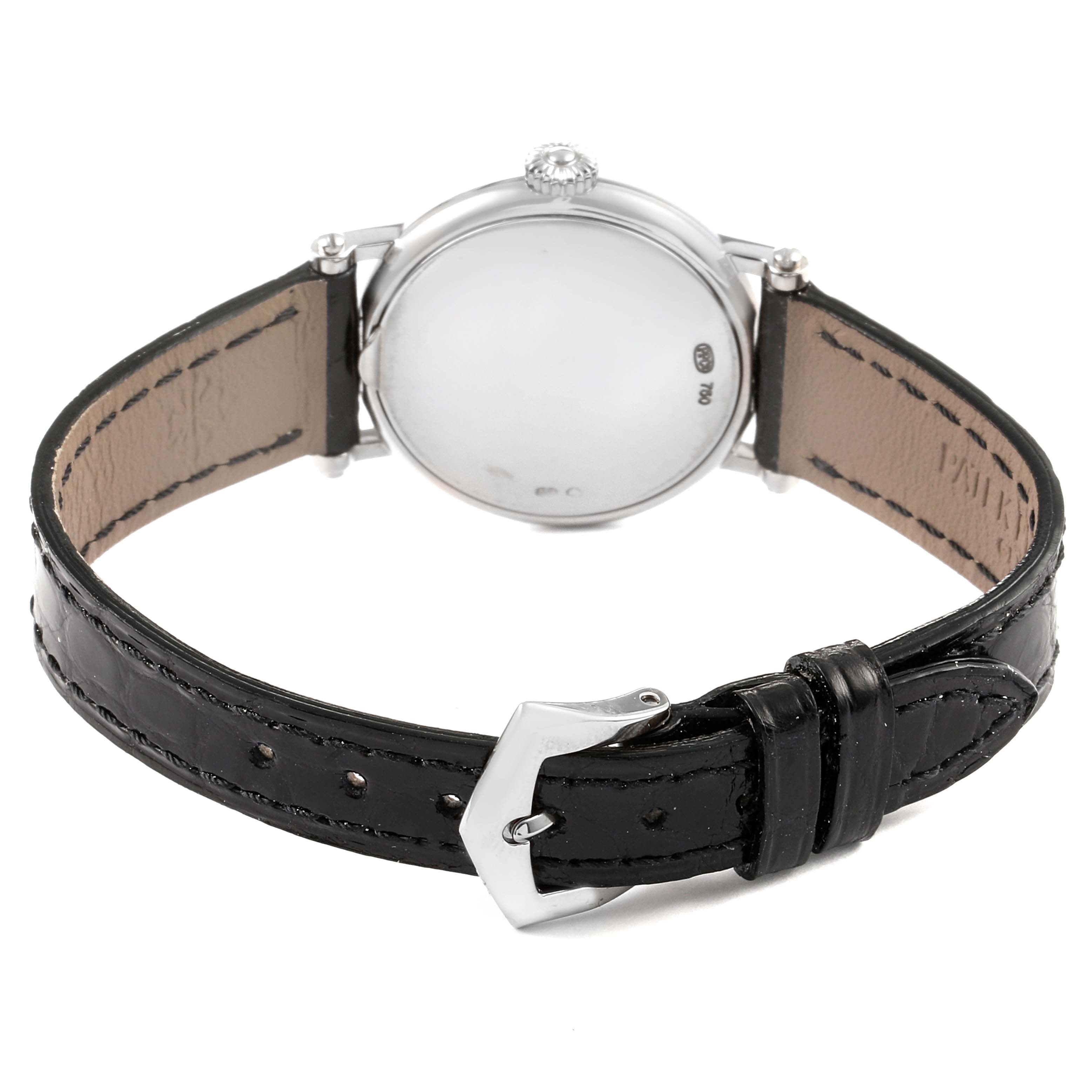 The image shows the back view and strap of a Patek Philippe Calatrava 4860G Women's White Gold White Dial 4860G Women's White Gold White Dial watch, focusing on the buckle and case back.
