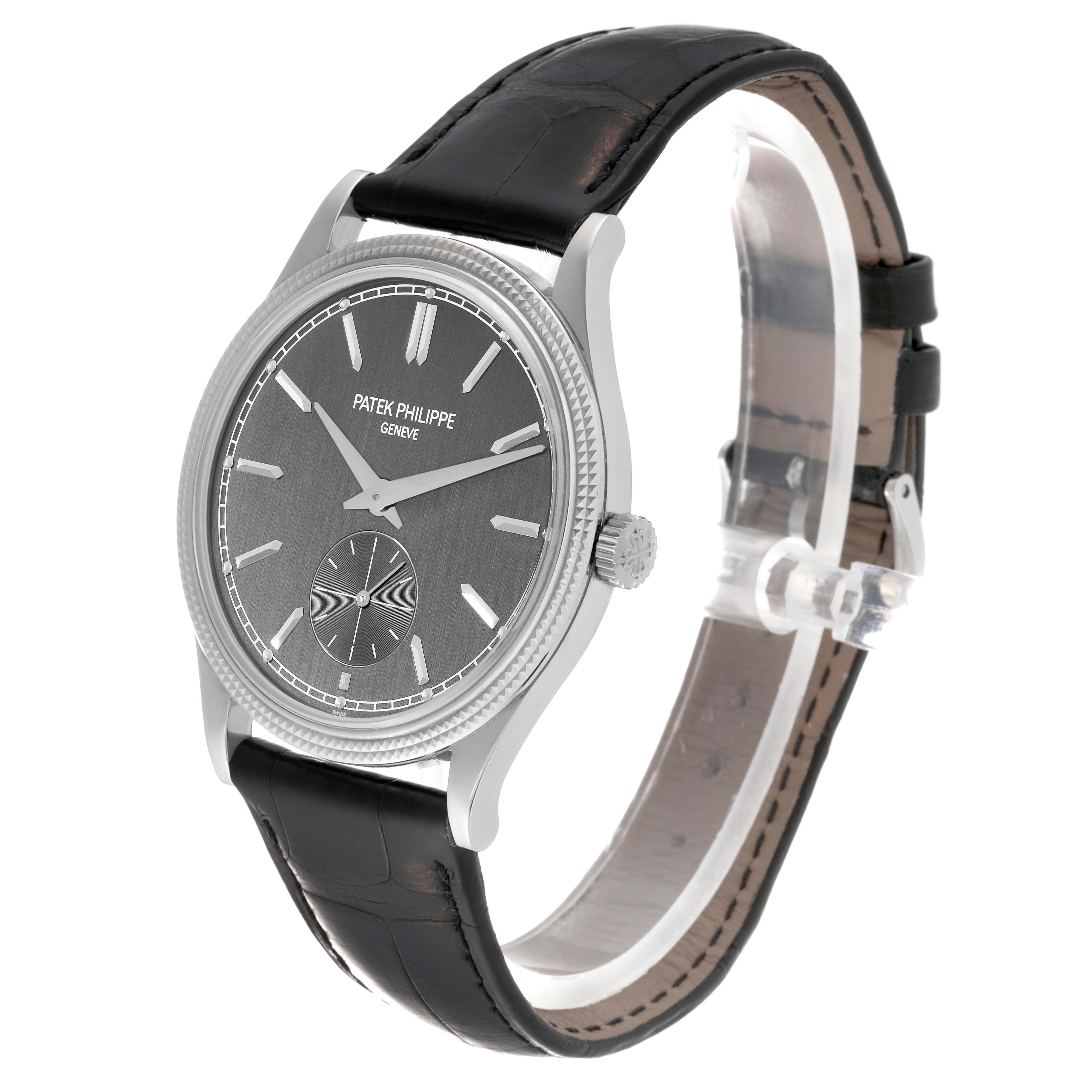 This image shows a Patek Philippe Calatrava 6119 Men's White Gold Grey Dial 6119 Men's White Gold Grey Dial watch at a 3/4 angle, highlighting the face, bezel, crown, and leather strap.