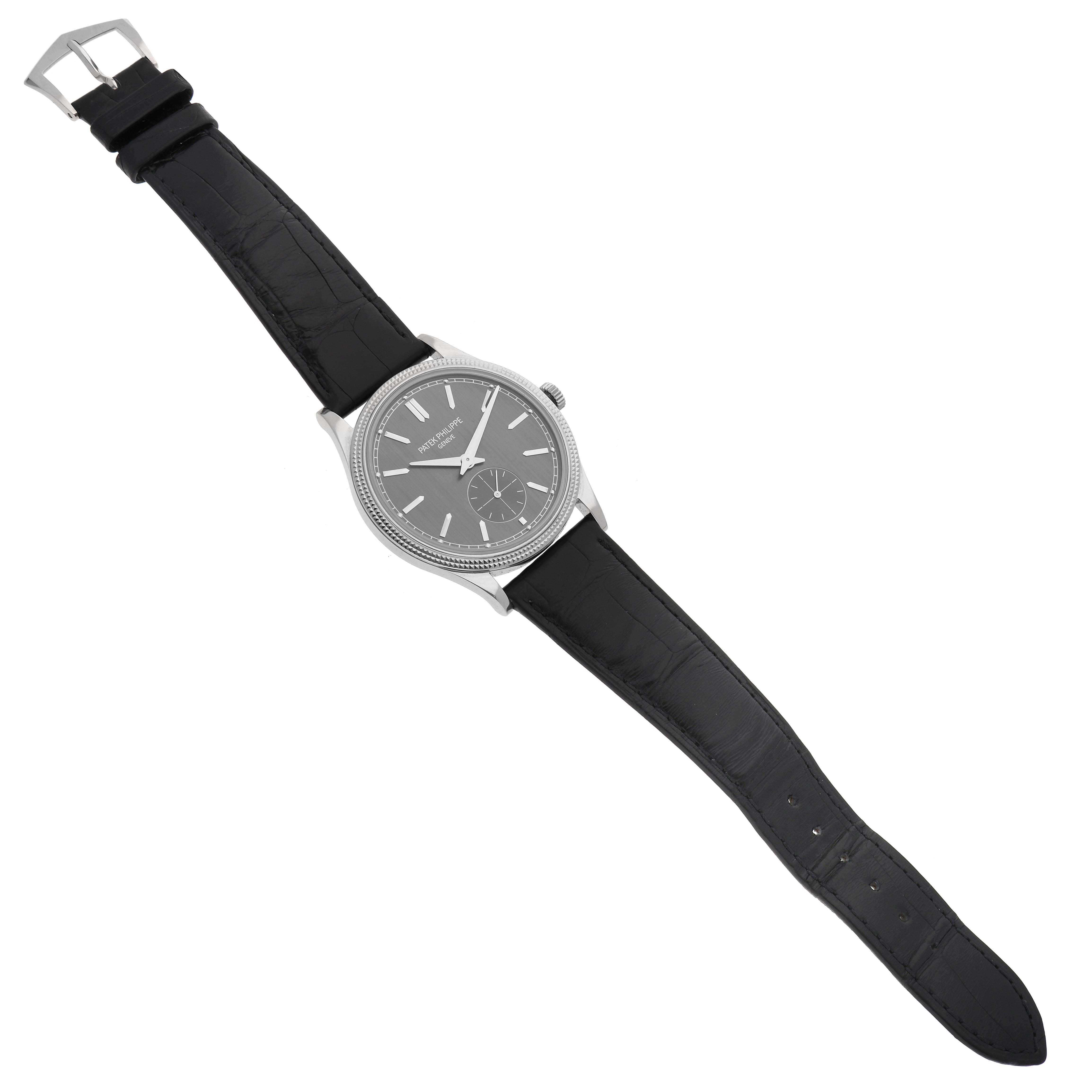 The image shows a Patek Philippe Calatrava 6119 Men's White Gold Grey Dial 6119 Men's White Gold Grey Dial watch from a top-down angle, displaying the face, case, crown, and leather strap.