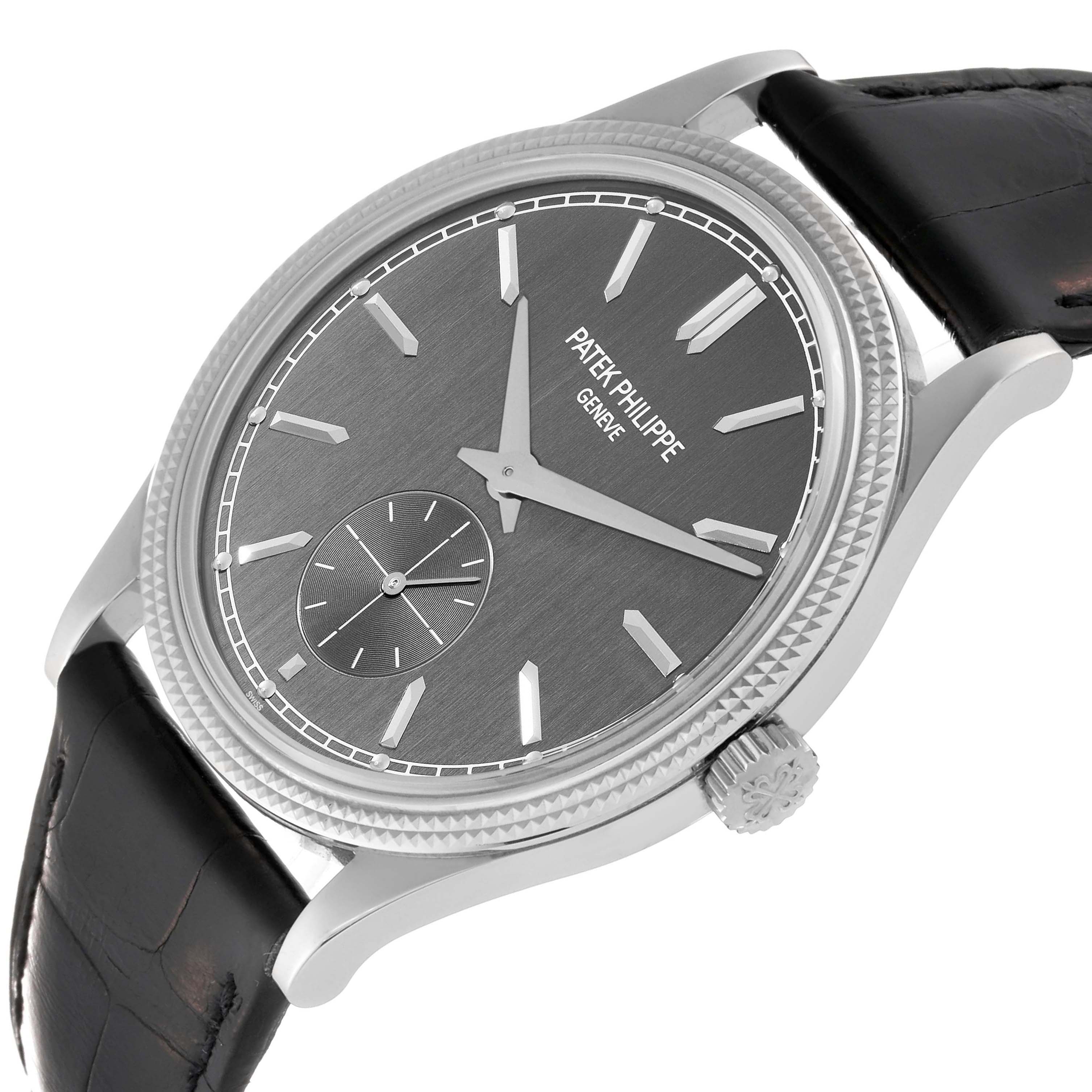 The image shows a Patek Philippe Calatrava 6119 Men's White Gold Grey Dial 6119 Men's White Gold Grey Dial watch at an angled side view, displaying the crown, dial, and leather strap.