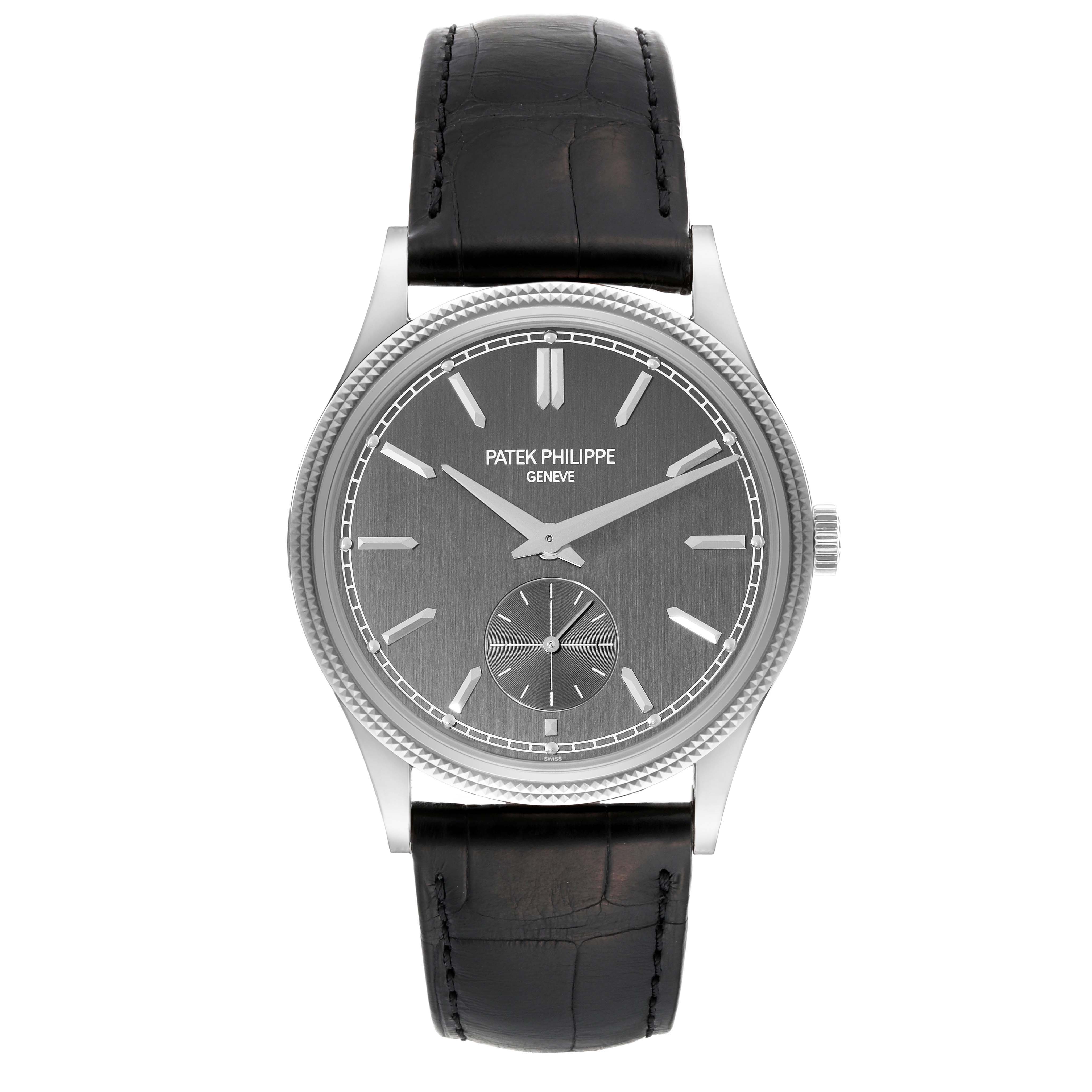The image shows a front view of the Patek Philippe Calatrava 6119 Men's White Gold Grey Dial 6119 Men's White Gold Grey Dial watch, highlighting its dial, hands, bezel, and black leather strap.