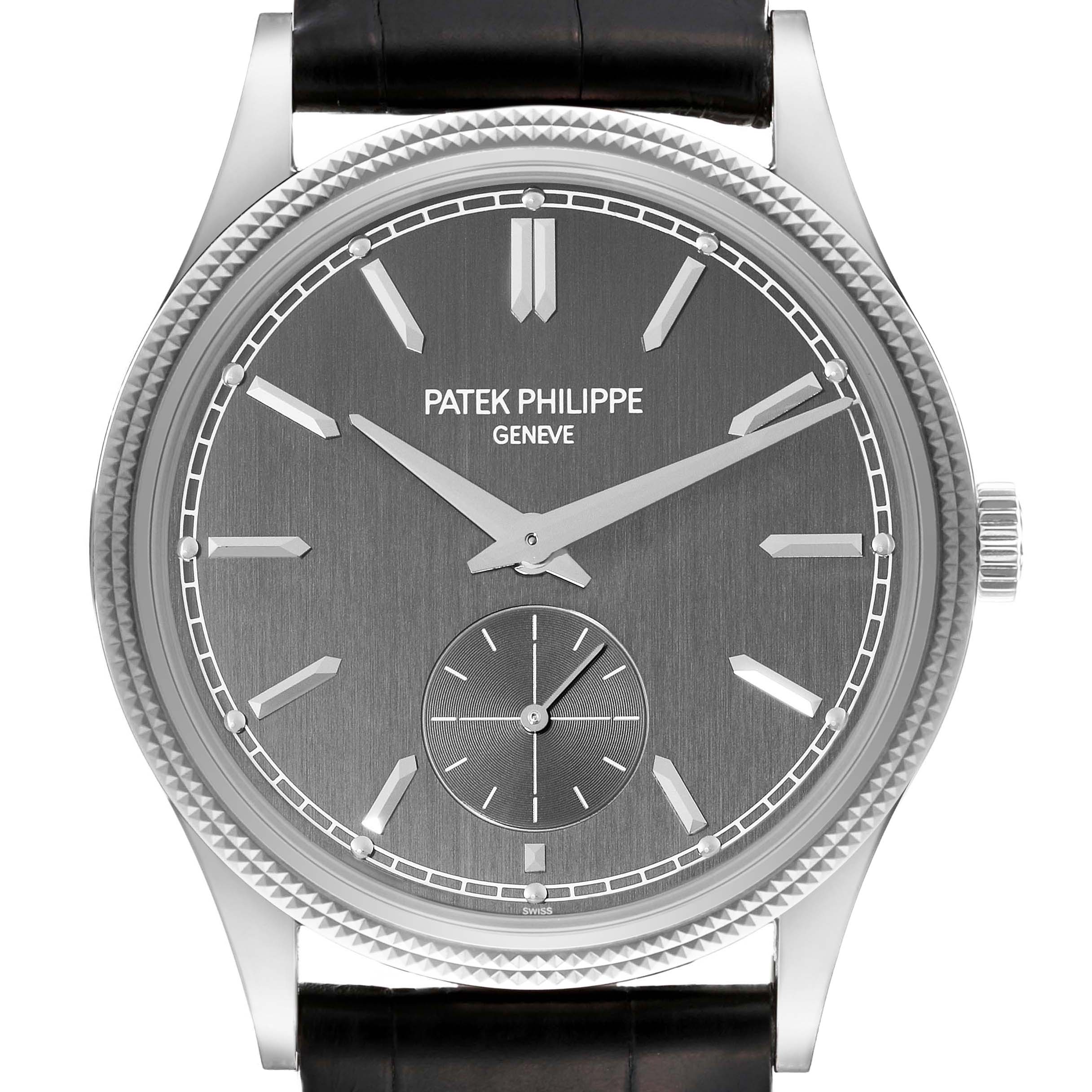The image shows a front view of the Patek Philippe Calatrava 6119 Men's White Gold Grey Dial 6119 Men's White Gold Grey Dial, highlighting its dial, hands, markers, and a portion of the strap.