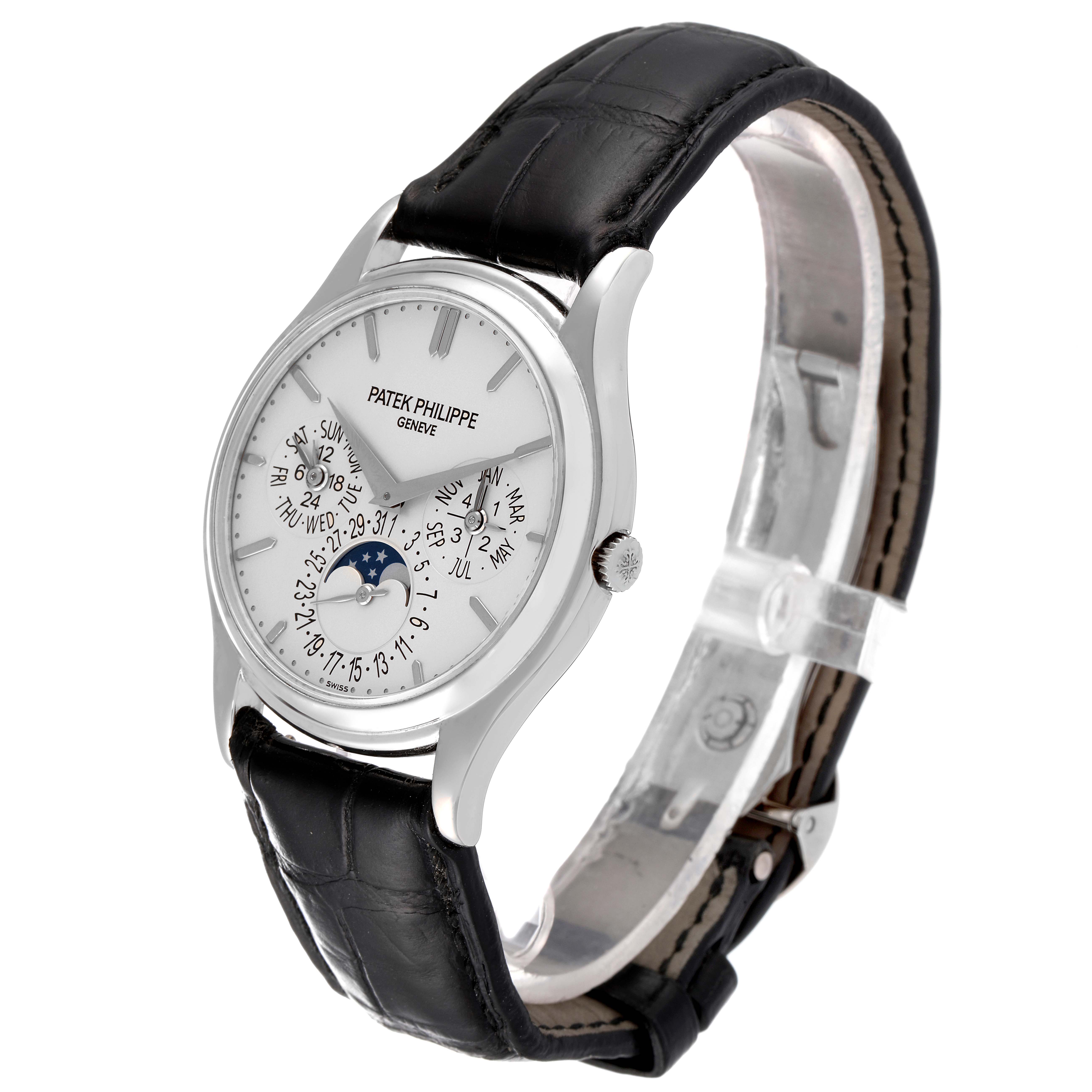 The image shows a side angle of the Patek Philippe Calatrava 5140G-001 Men's White Gold Silver Dial 5140G-001 Men's White Gold Silver Dial watch, displaying its face, crown, and black leather strap.