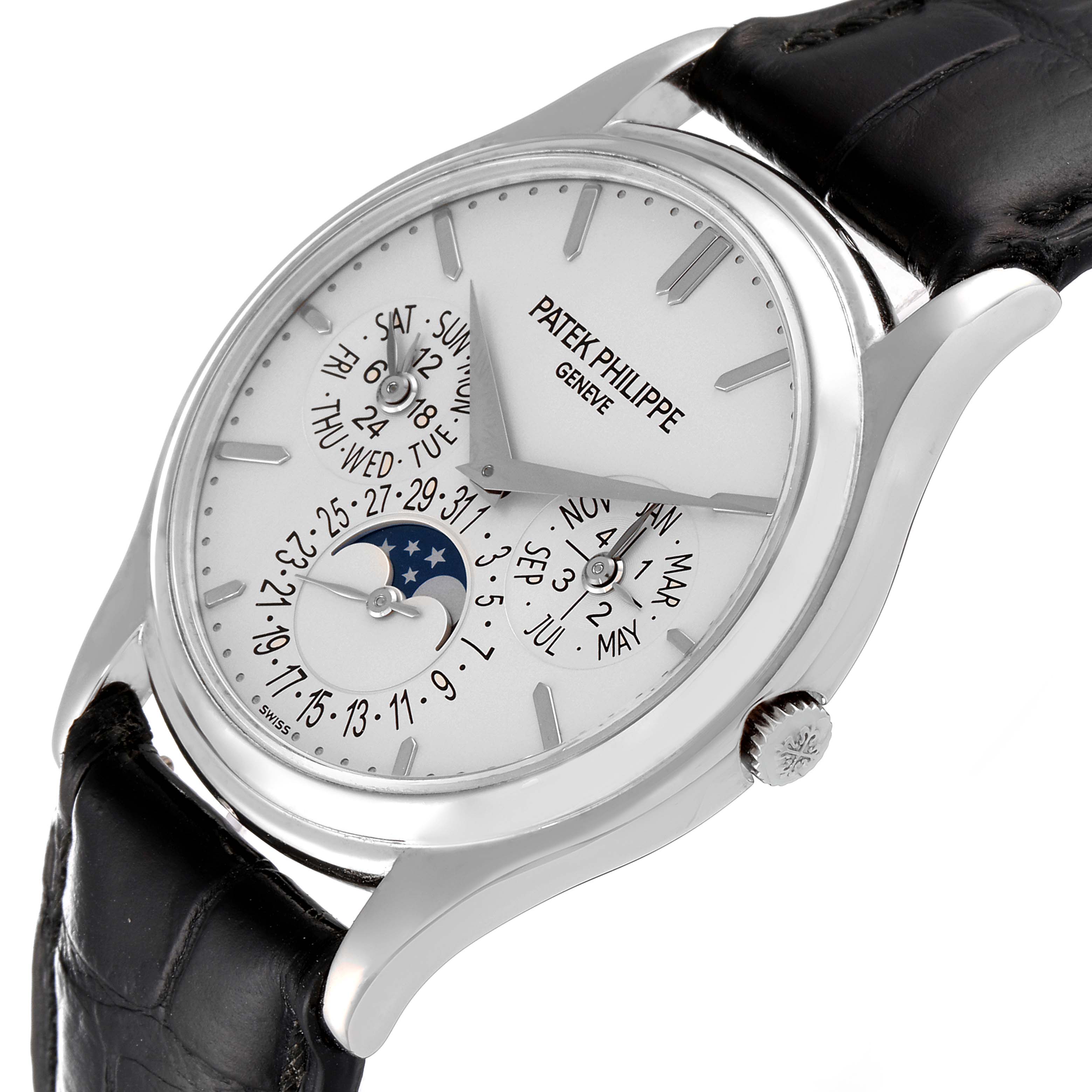 The image displays a close-up, angled view of the Patek Philippe Calatrava 5140G-001 Men's White Gold Silver Dial 5140G-001 Men's White Gold Silver Dial watch showing the dial, case, crown, and leather strap.