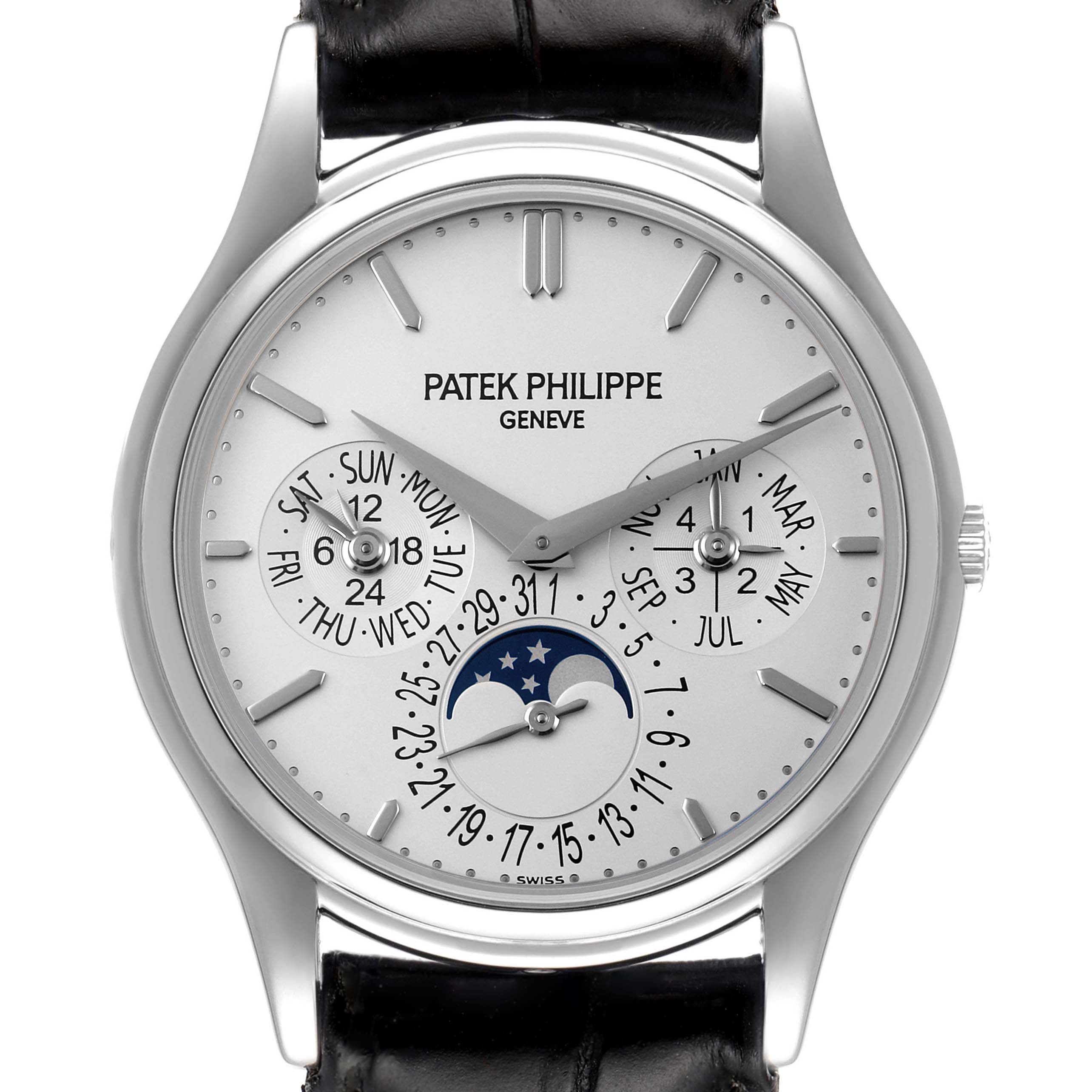 This image shows a frontal view of the Patek Philippe Calatrava 5140G-001 Men's White Gold Silver Dial 5140G-001 Men's White Gold Silver Dial watch displaying its face, dials, and sub-dials.