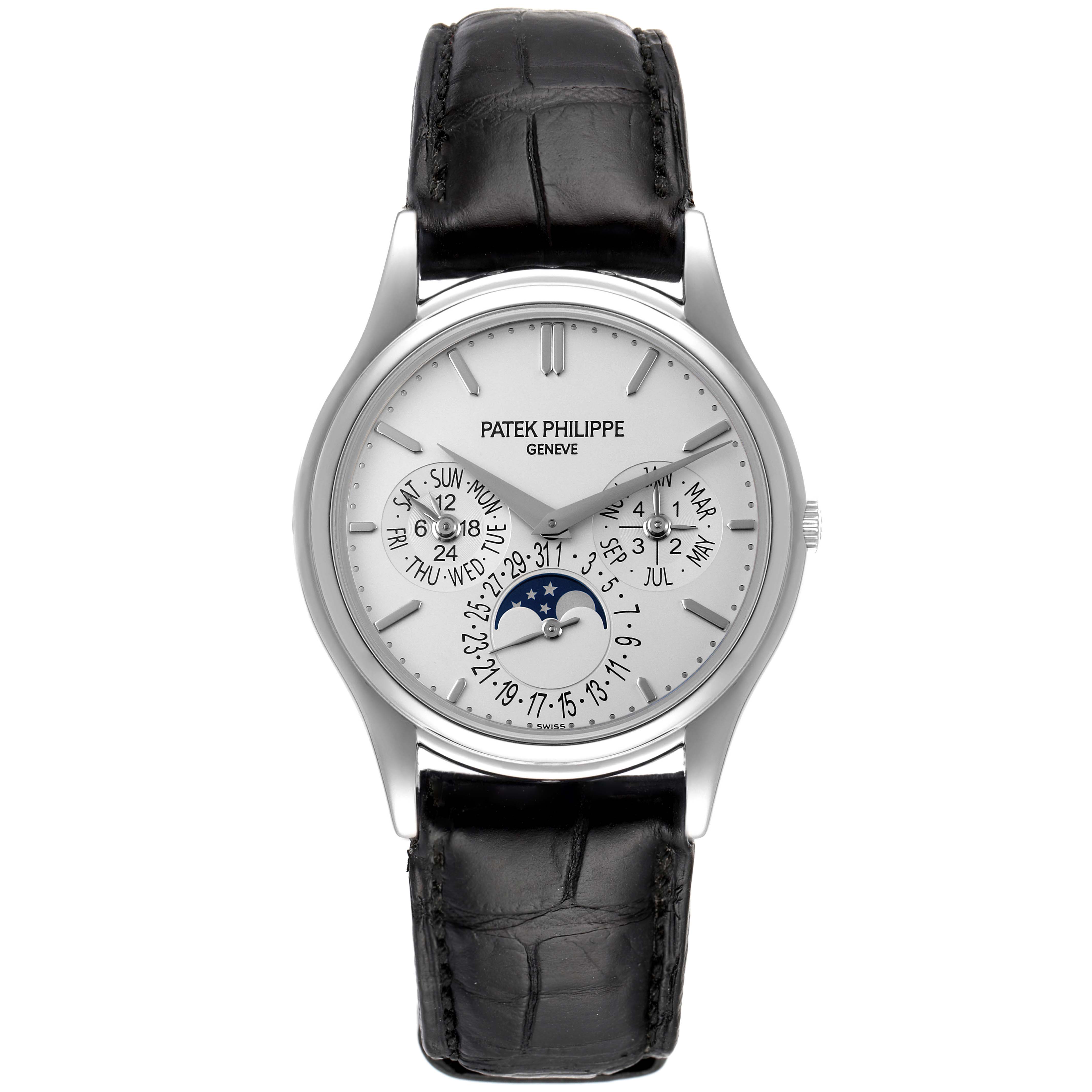 The image shows a front view of a Patek Philippe Calatrava 5140G-001 Men's White Gold Silver Dial 5140G-001 Men's White Gold Silver Dial watch, highlighting its face and black leather strap.