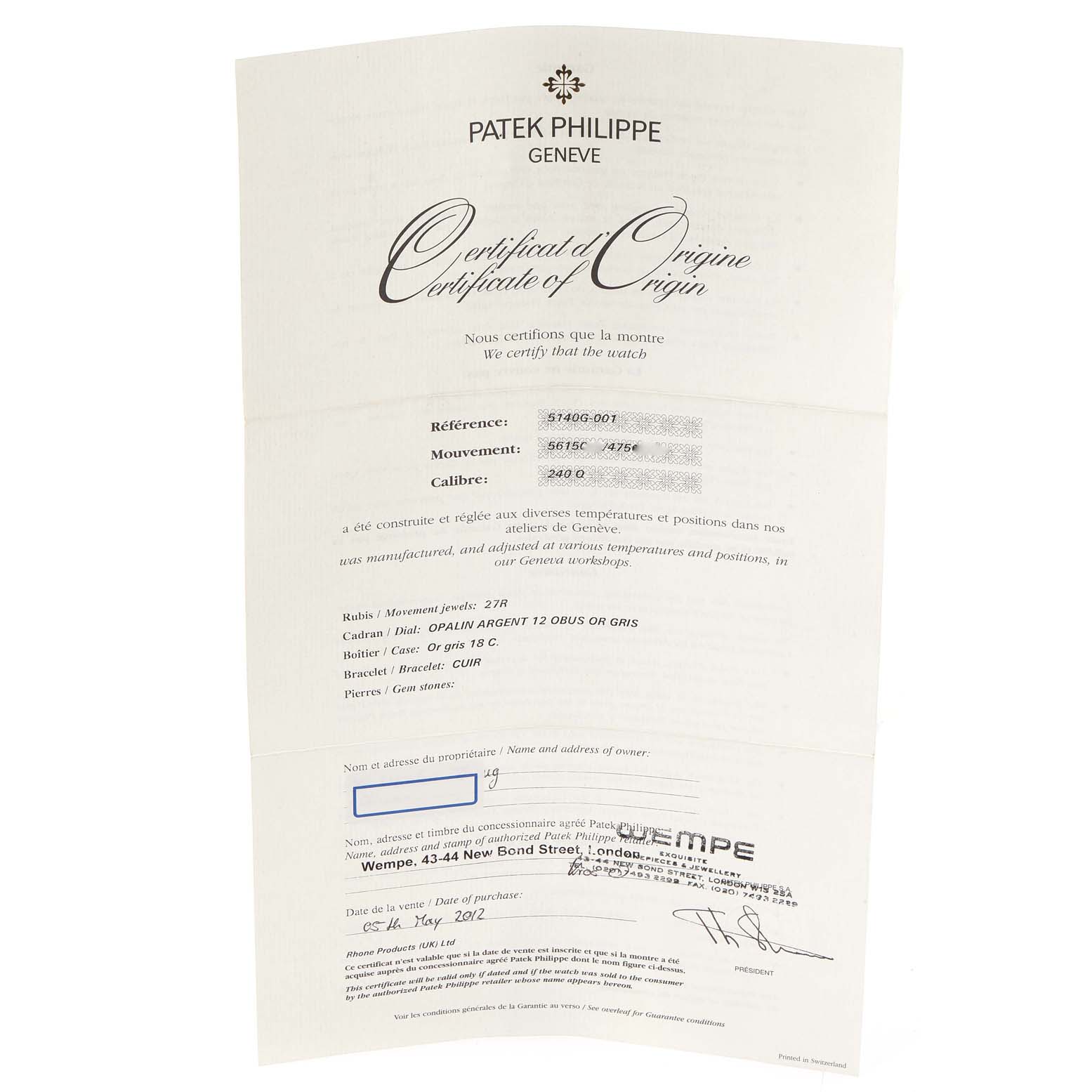 The image shows the Certificate of Origin for the Patek Philippe Calatrava 5140G-001 Men's White Gold Silver Dial 5140G-001 Men's White Gold Silver Dial model.
