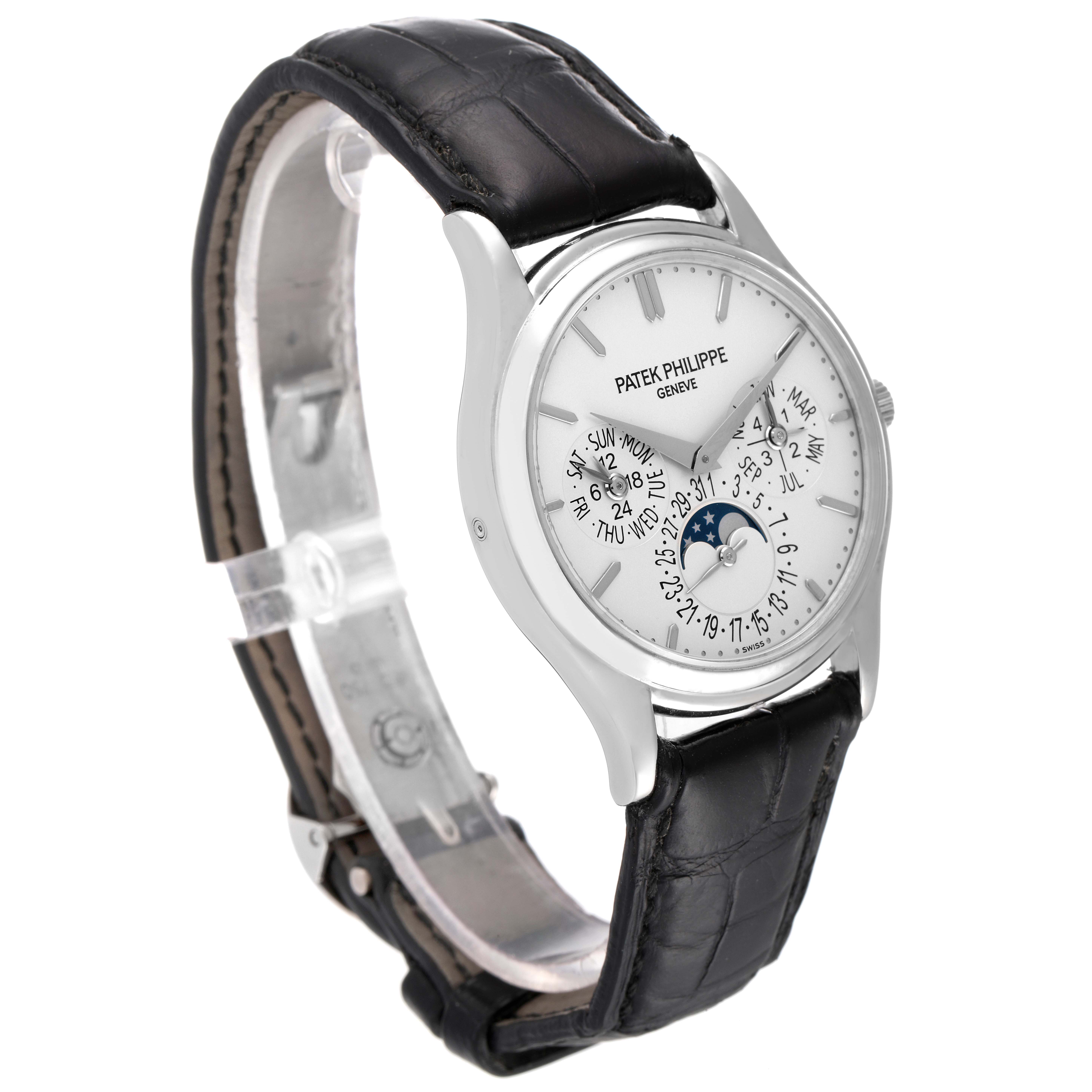 The Patek Philippe Calatrava 5140G-001 Men's White Gold Silver Dial 5140G-001 Men's White Gold Silver Dial watch is shown at a front-left angled view, displaying the dial and leather strap.